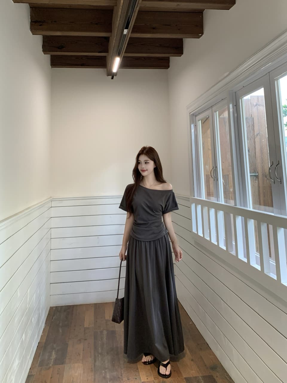 실사 빅 사이즈 품격 여름 한 부서 다용도 섹션 슬림해 보이는 비스듬한 어깨 수신 Pleat 맨위 플러스 하이웨이스트 밴딩 슬림해 보이는 반 스커트 상세 이미지 12