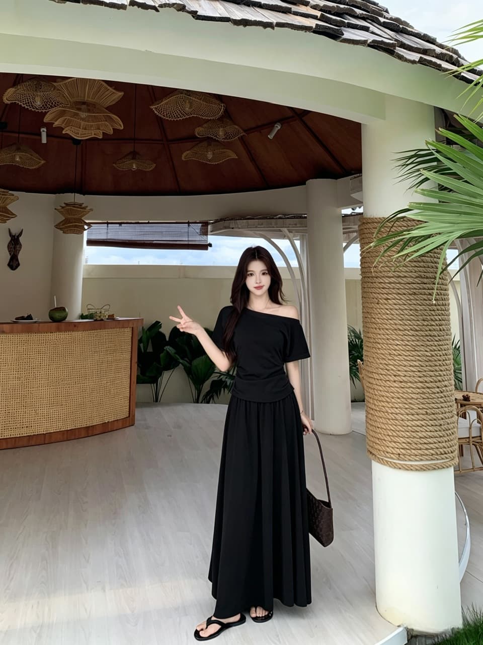 실사 빅 사이즈 품격 여름 한 부서 다용도 섹션 슬림해 보이는 비스듬한 어깨 수신 Pleat 맨위 플러스 하이웨이스트 밴딩 슬림해 보이는 반 스커트 상세 이미지 14