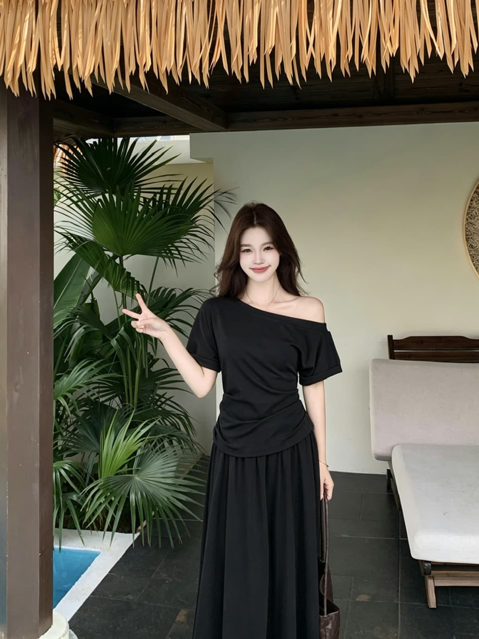 실사 빅 사이즈 품격 여름 한 부서 다용도 섹션 슬림해 보이는 비스듬한 어깨 수신 Pleat 맨위 플러스 하이웨이스트 밴딩 슬림해 보이는 반 스커트 상세 이미지 16