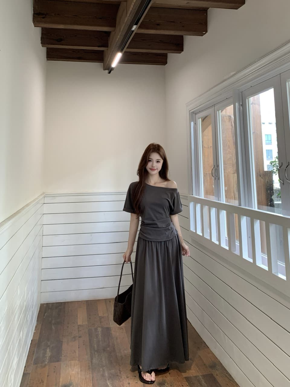 실사 빅 사이즈 품격 여름 한 부서 다용도 섹션 슬림해 보이는 비스듬한 어깨 수신 Pleat 맨위 플러스 하이웨이스트 밴딩 슬림해 보이는 반 스커트 상세 이미지 17