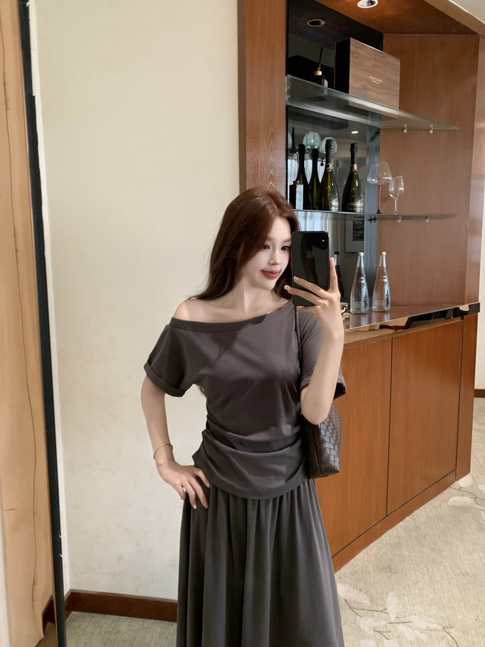 실사 빅 사이즈 품격 여름 한 부서 다용도 섹션 슬림해 보이는 비스듬한 어깨 수신 Pleat 맨위 플러스 하이웨이스트 밴딩 슬림해 보이는 반 스커트 상세 이미지 21