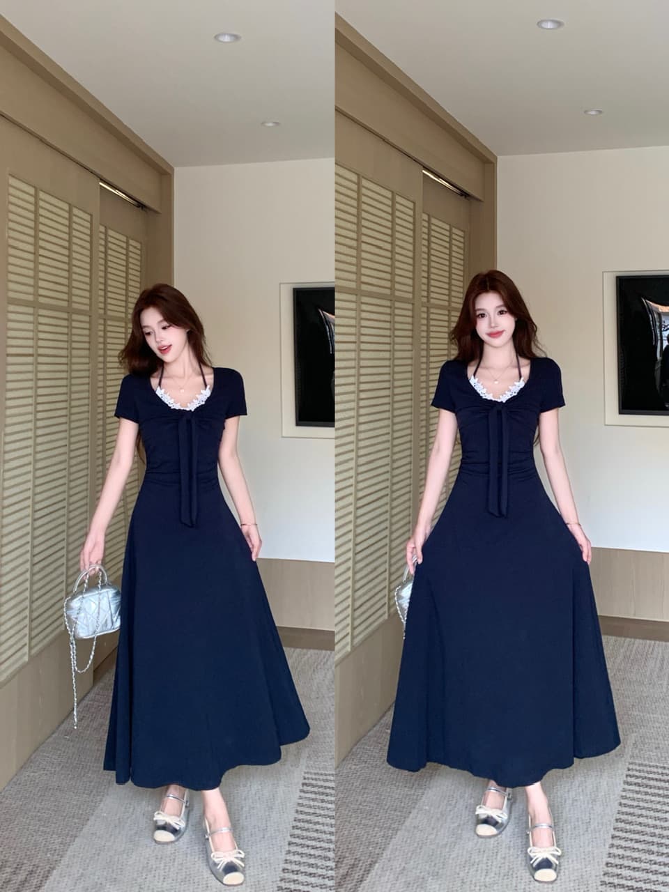 실사 빅 사이즈 2026 레이스 패치워크 행침 목 드레스 여성 의류 여름 새로운 몸매 가꾸기 슬림해 보이는 캐주얼 롱 스커트