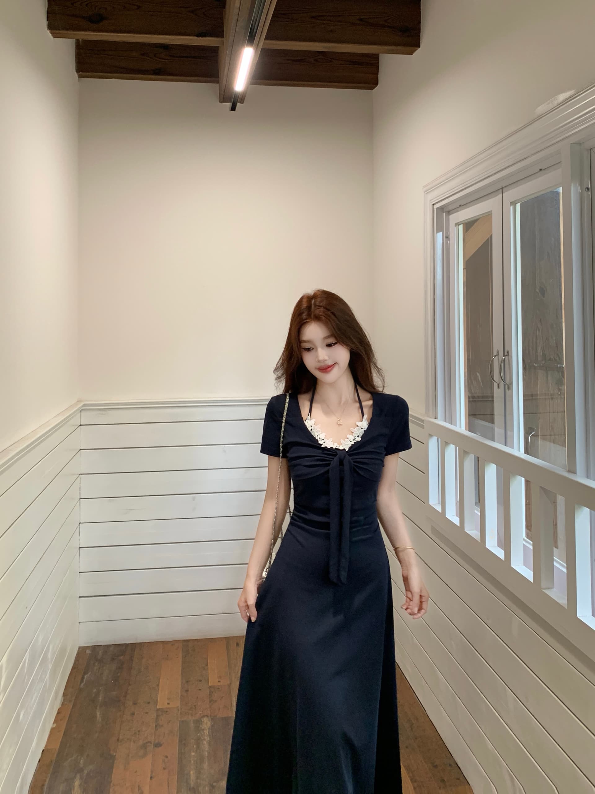 실사 빅 사이즈 2026 레이스 패치워크 행침 목 드레스 여성 의류 여름 새로운 몸매 가꾸기 슬림해 보이는 캐주얼 롱 스커트 이미지 4