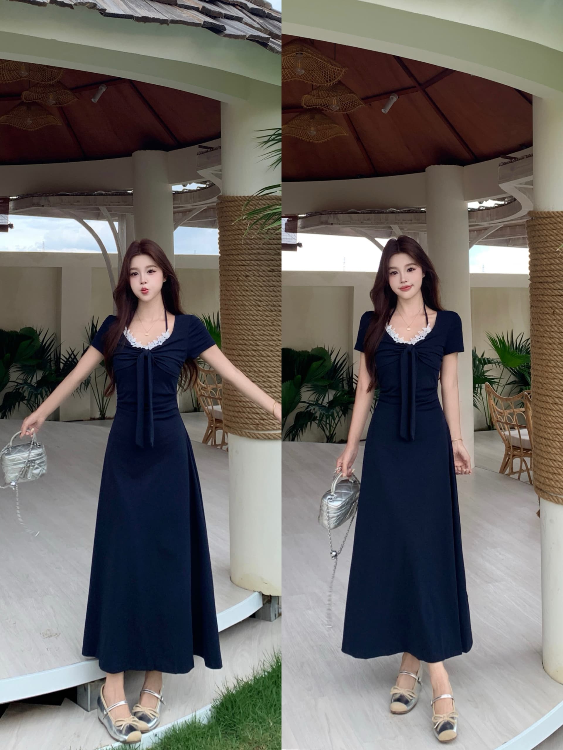 실사 빅 사이즈 2026 레이스 패치워크 행침 목 드레스 여성 의류 여름 새로운 몸매 가꾸기 슬림해 보이는 캐주얼 롱 스커트 상세 이미지 1
