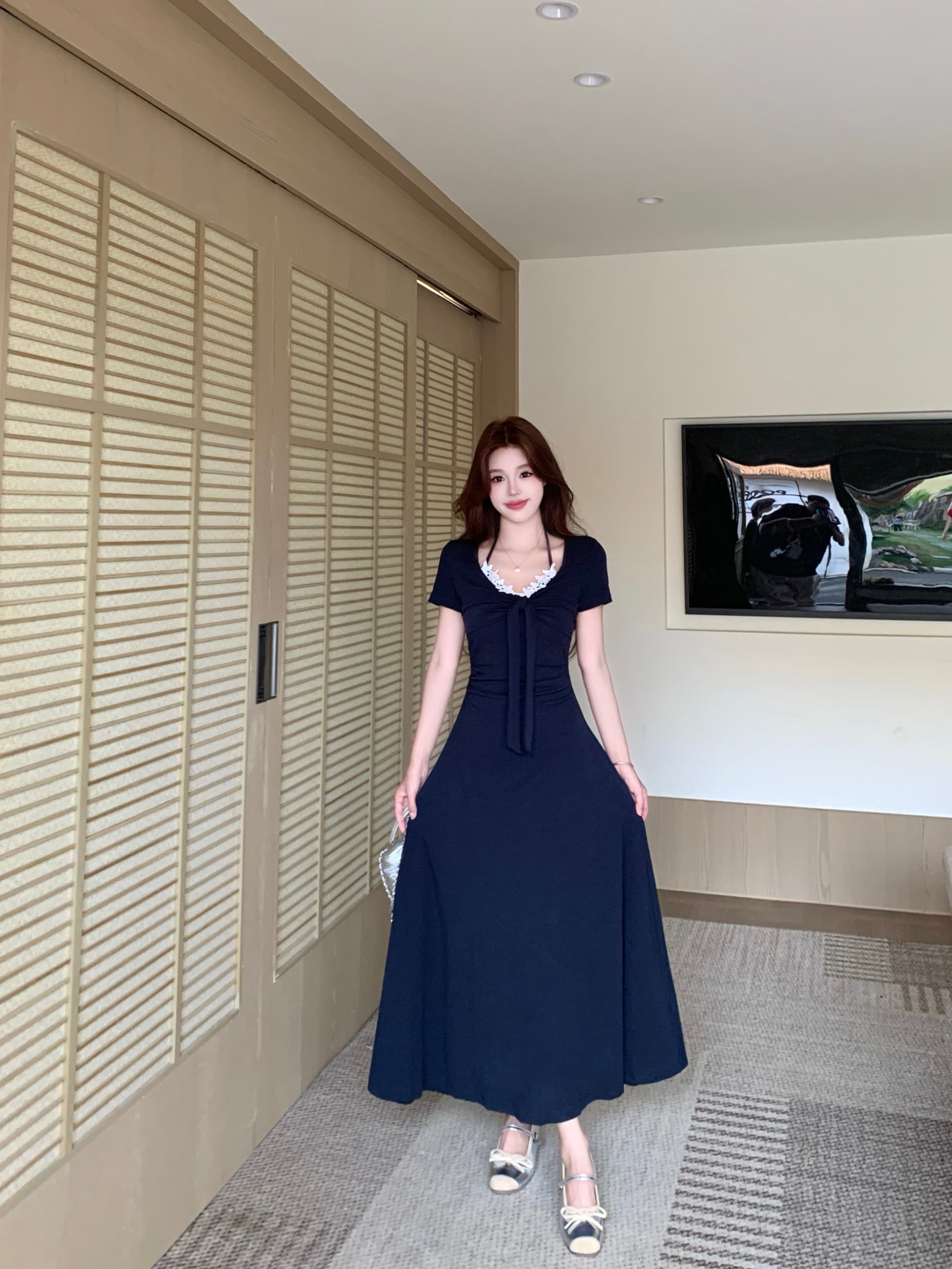 실사 빅 사이즈 2026 레이스 패치워크 행침 목 드레스 여성 의류 여름 새로운 몸매 가꾸기 슬림해 보이는 캐주얼 롱 스커트 상세 이미지 4
