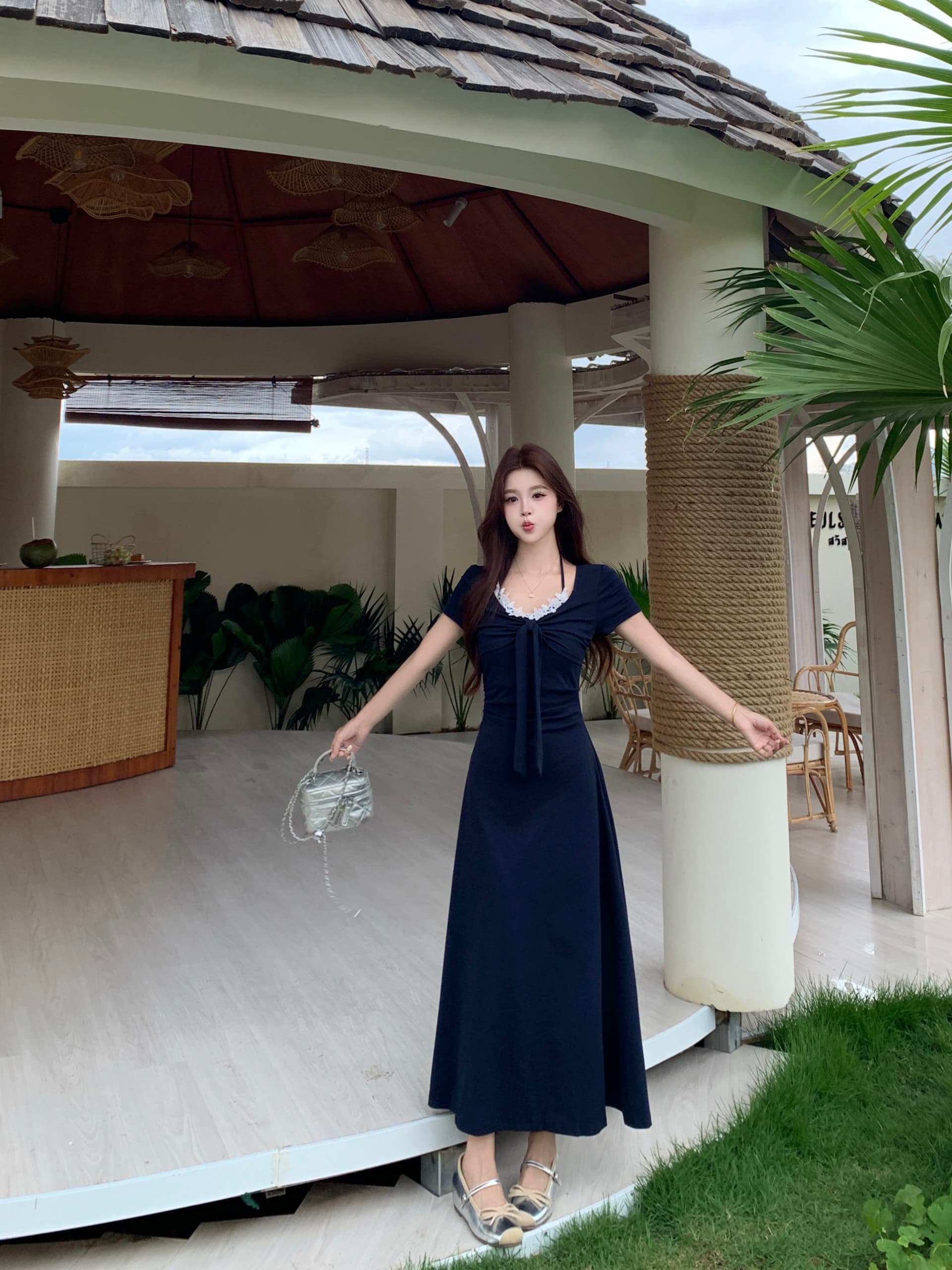 실사 빅 사이즈 2026 레이스 패치워크 행침 목 드레스 여성 의류 여름 새로운 몸매 가꾸기 슬림해 보이는 캐주얼 롱 스커트 상세 이미지 6