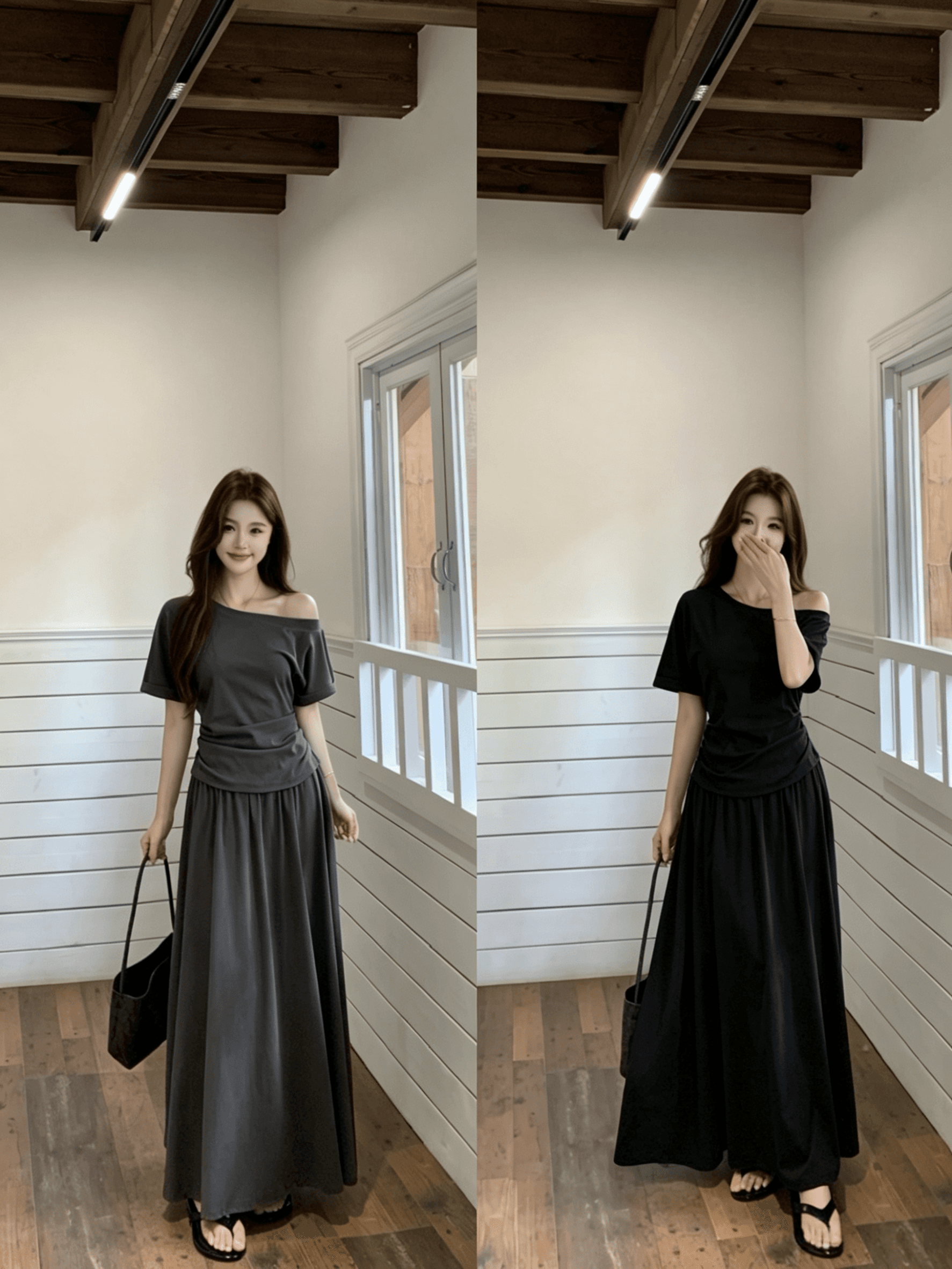실사 빅 사이즈 품격 여름 한 부서 다용도 섹션 슬림해 보이는 비스듬한 어깨 수신 Pleat 맨위 플러스 하이웨이스트 밴딩 슬림해 보이는 반 스커트