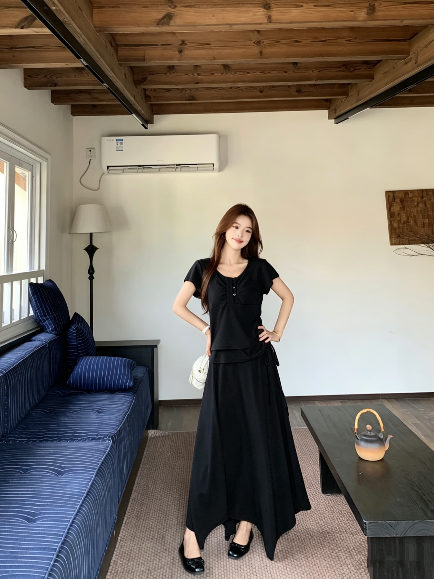 실사 빅 사이즈 26 년 여름 느긋한 느슨함 뒤에 밴딩 반팔 티셔츠 불규칙 랩스커트팬츠 반신 스커트 상세 이미지 5