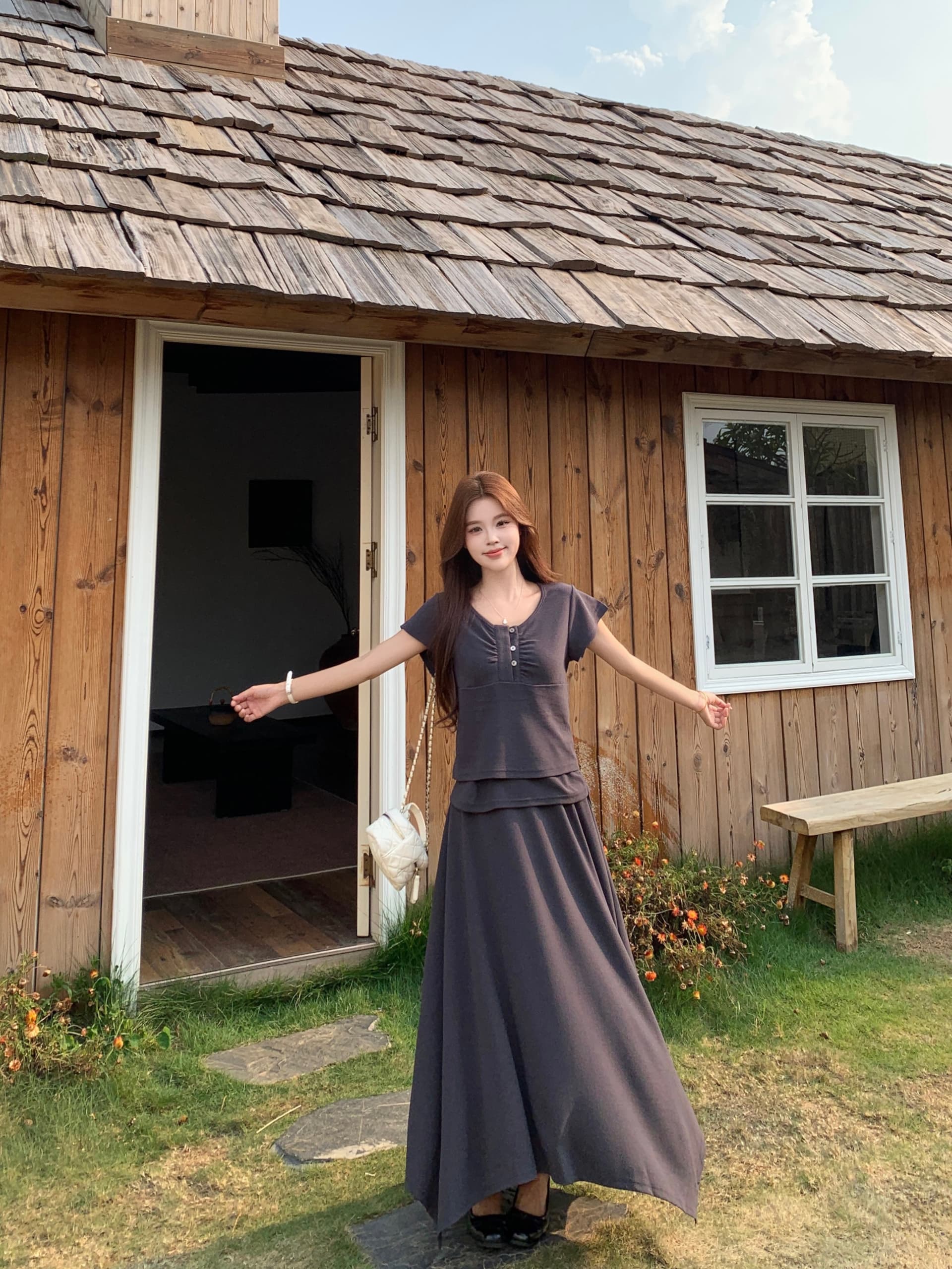 실사 빅 사이즈 26 년 여름 느긋한 느슨함 뒤에 밴딩 반팔 티셔츠 불규칙 랩스커트팬츠 반신 스커트 상세 이미지 12