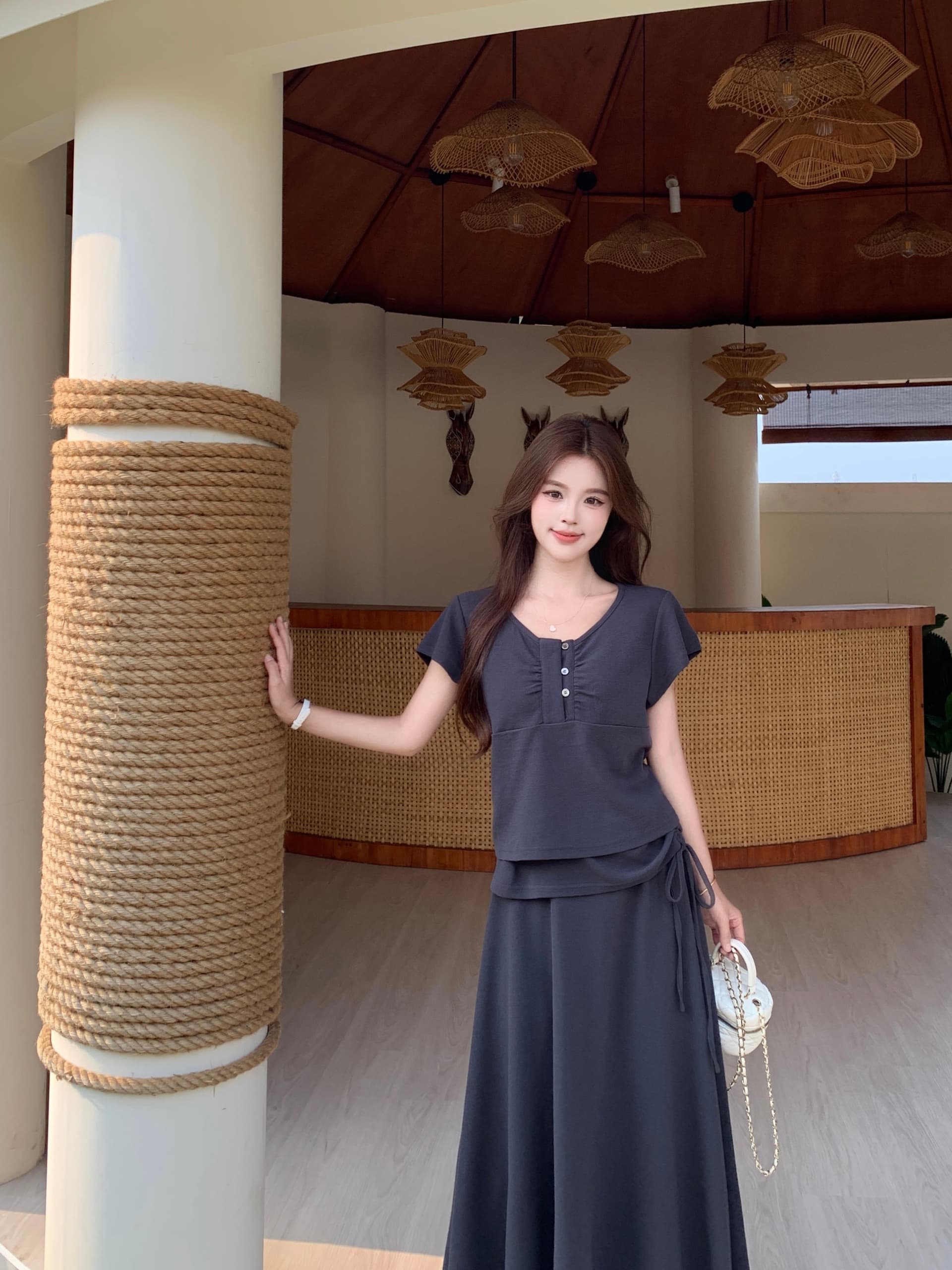 실사 빅 사이즈 26 년 여름 느긋한 느슨함 뒤에 밴딩 반팔 티셔츠 불규칙 랩스커트팬츠 반신 스커트 상세 이미지 14