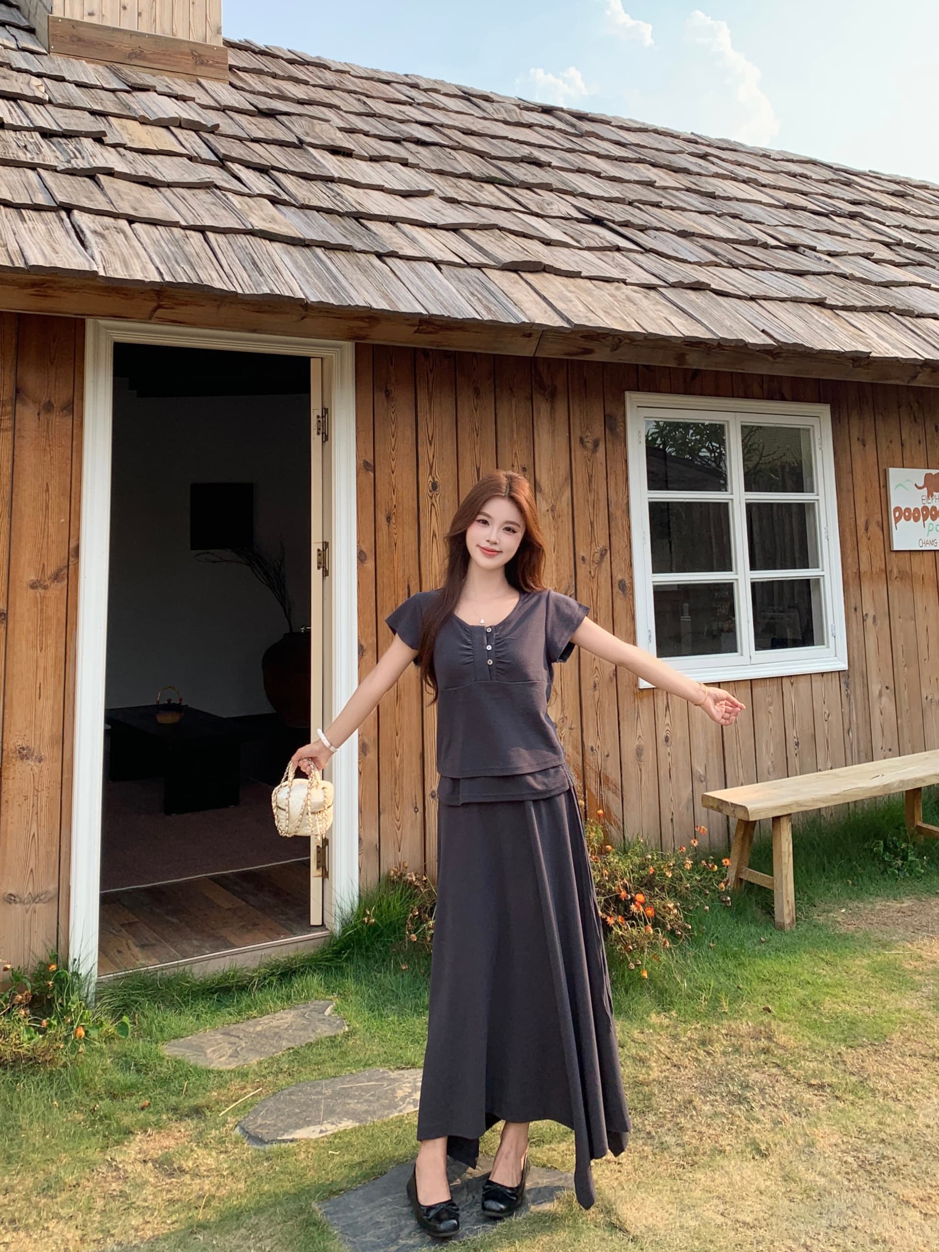 실사 빅 사이즈 26 년 여름 느긋한 느슨함 뒤에 밴딩 반팔 티셔츠 불규칙 랩스커트팬츠 반신 스커트 상세 이미지 15