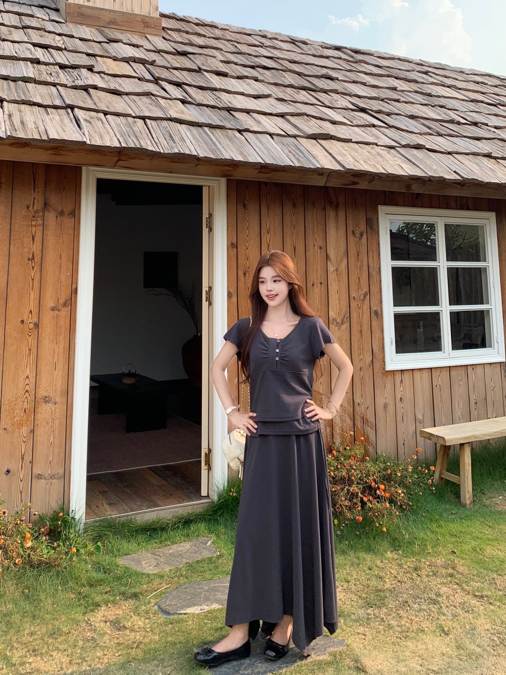 실사 빅 사이즈 26 년 여름 느긋한 느슨함 뒤에 밴딩 반팔 티셔츠 불규칙 랩스커트팬츠 반신 스커트 상세 이미지 18