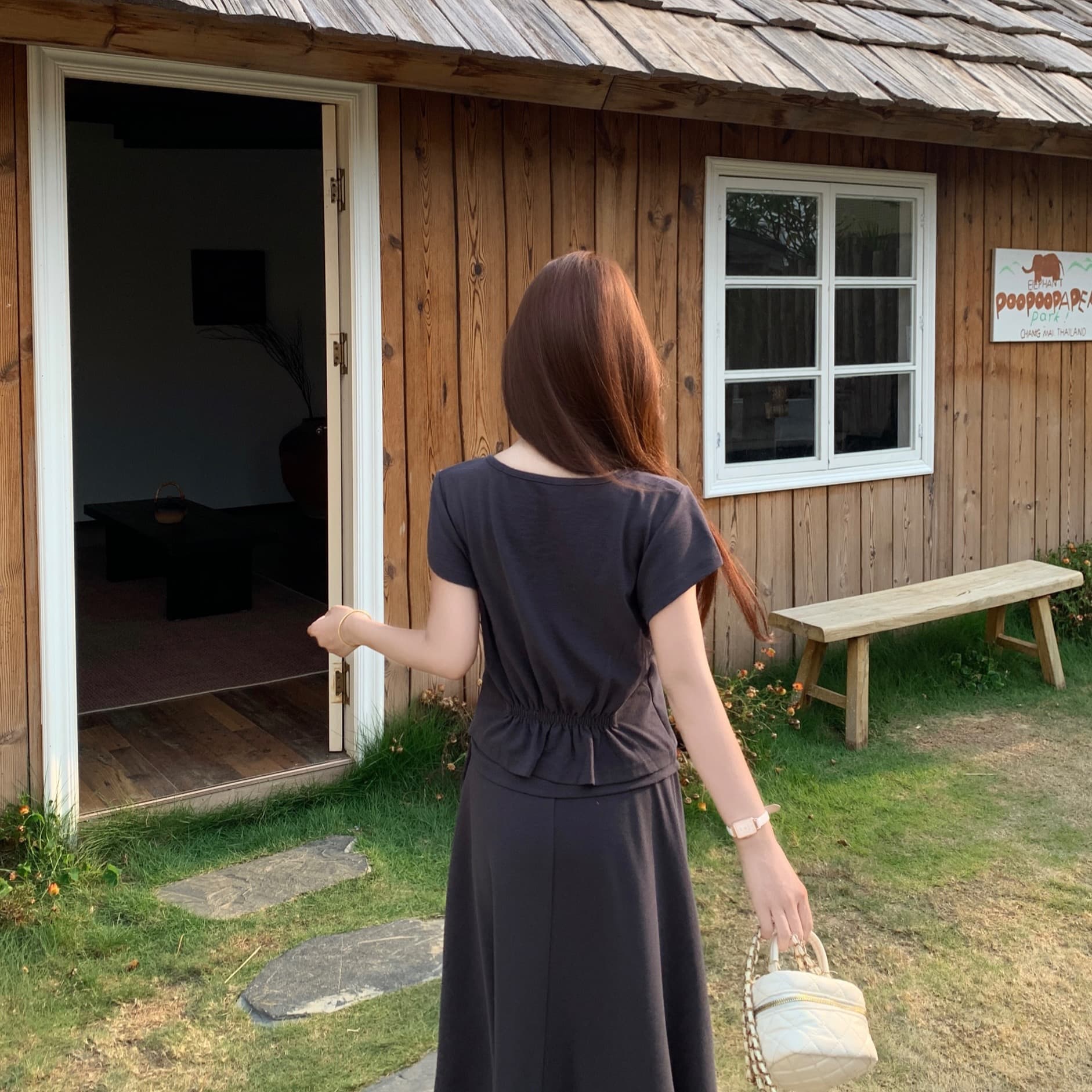 실사 빅 사이즈 26 년 여름 느긋한 느슨함 뒤에 밴딩 반팔 티셔츠 불규칙 랩스커트팬츠 반신 스커트 이미지 5