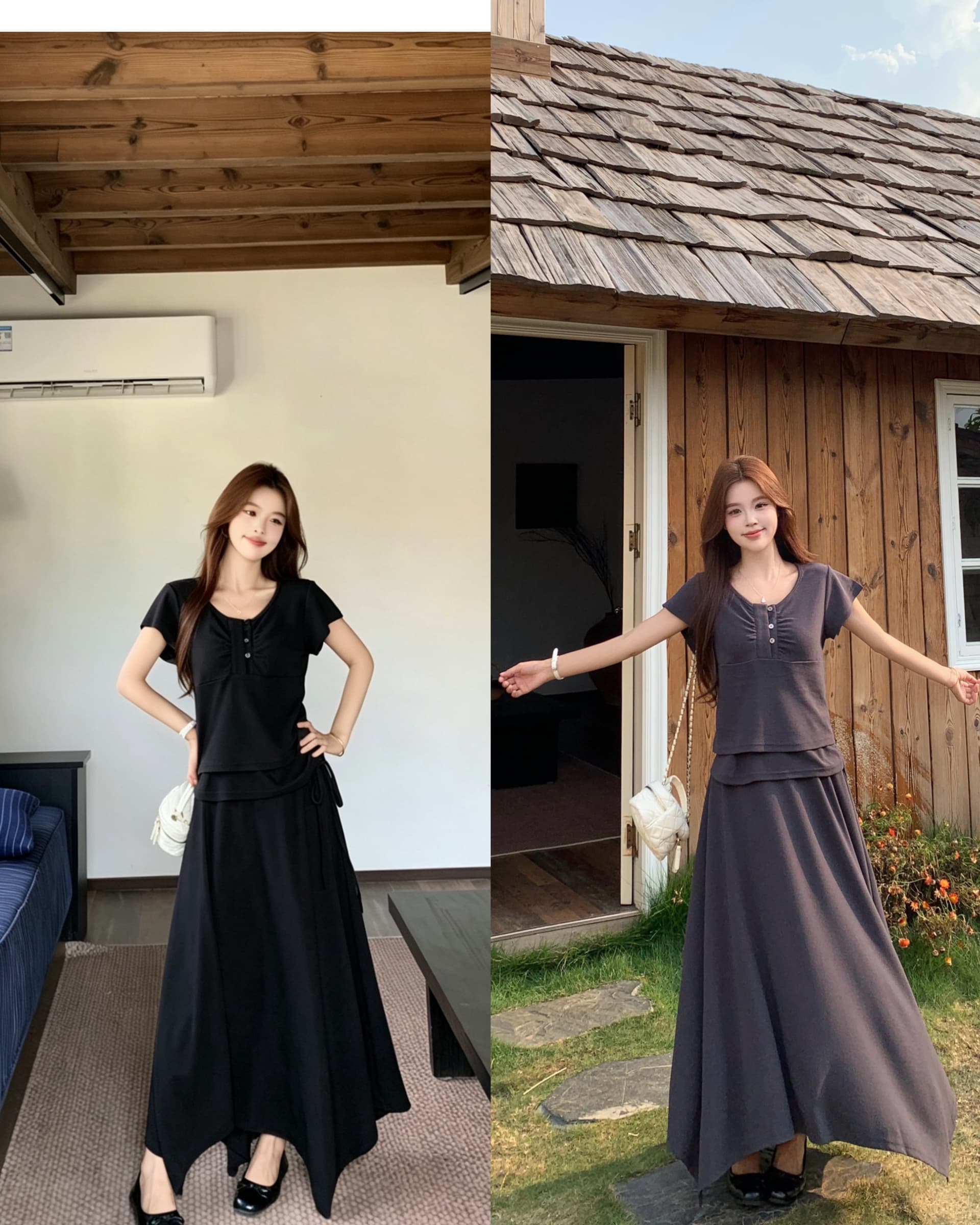 실사 빅 사이즈 26 년 여름 느긋한 느슨함 뒤에 밴딩 반팔 티셔츠 불규칙 랩스커트팬츠 반신 스커트