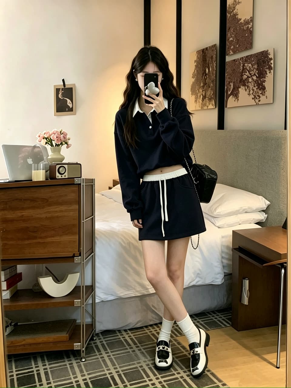 빅 사이즈 대비 너드 한국 스타일 가을의 날 면 학원 스타일 폴로 칼라 패치워크 색상 후드티 배색 펌프 로프 허리 머리 세트 이미지 4