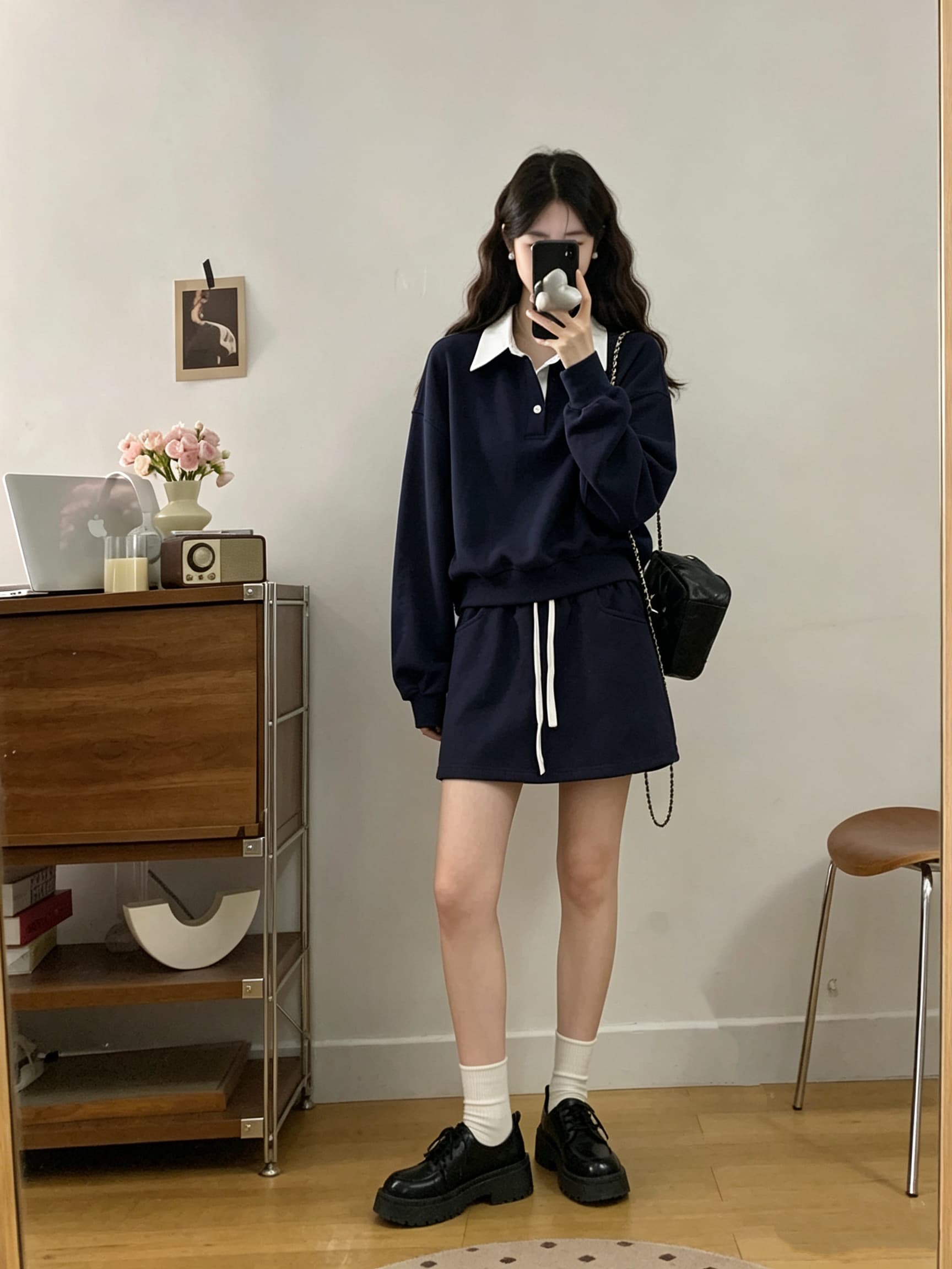 빅 사이즈 대비 너드 한국 스타일 가을의 날 면 학원 스타일 폴로 칼라 패치워크 색상 후드티 배색 펌프 로프 허리 머리 세트 상세 이미지 1