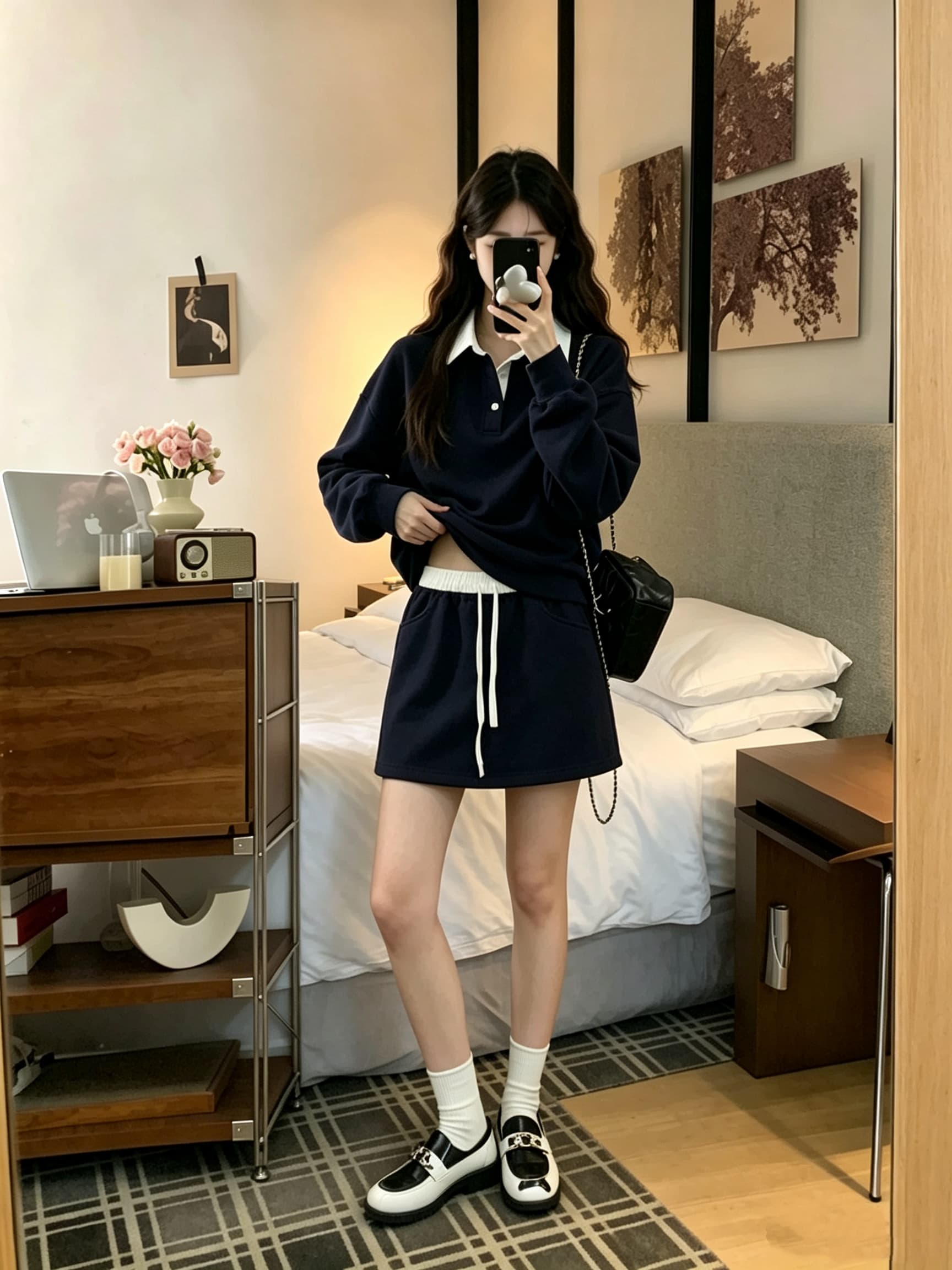 빅 사이즈 대비 너드 한국 스타일 가을의 날 면 학원 스타일 폴로 칼라 패치워크 색상 후드티 배색 펌프 로프 허리 머리 세트 상세 이미지 4