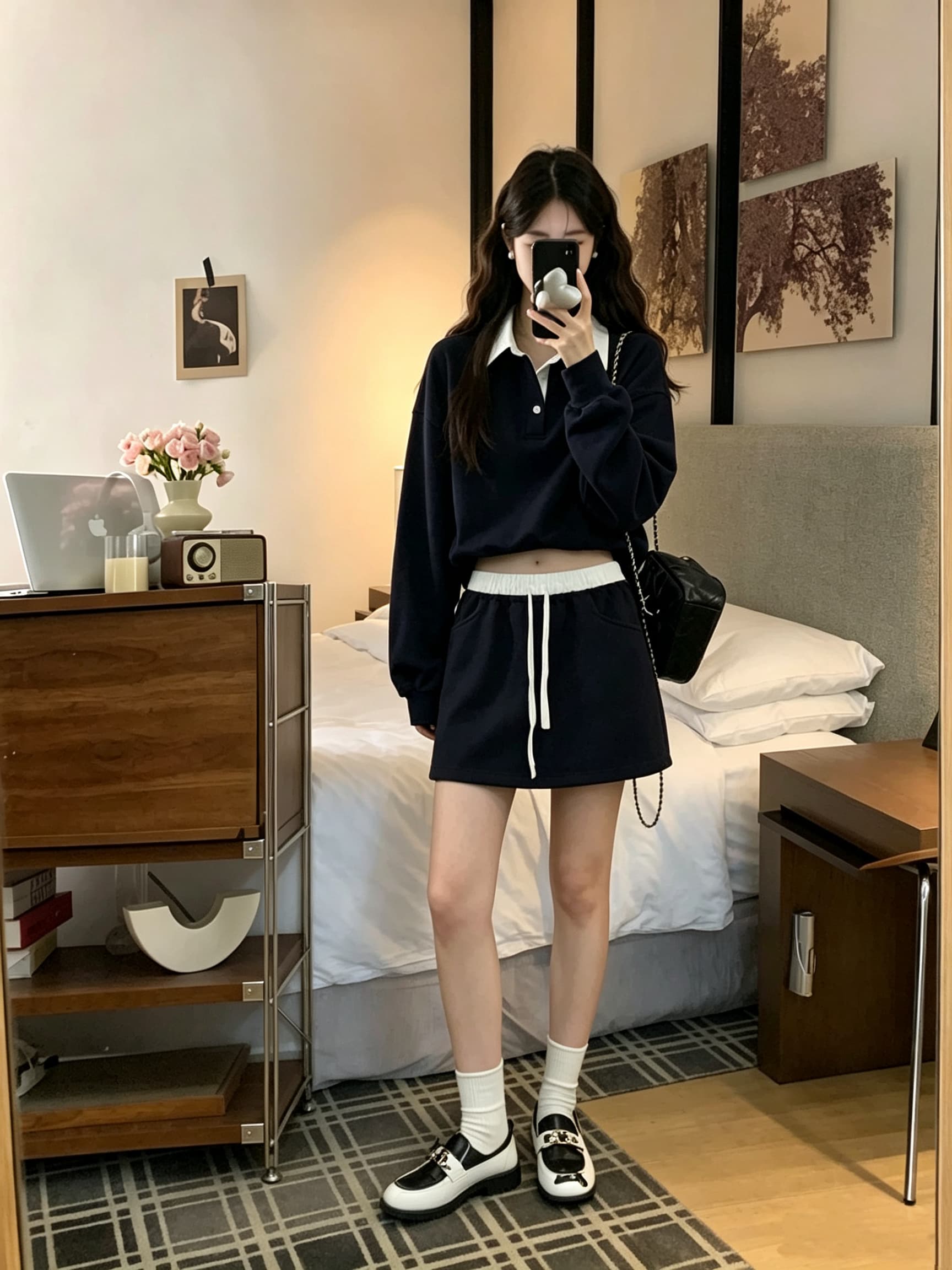 빅 사이즈 대비 너드 한국 스타일 가을의 날 면 학원 스타일 폴로 칼라 패치워크 색상 후드티 배색 펌프 로프 허리 머리 세트 상세 이미지 9