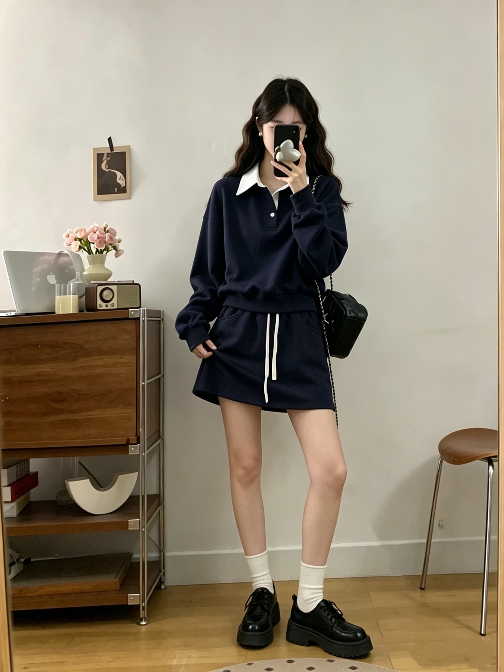 빅 사이즈 대비 너드 한국 스타일 가을의 날 면 학원 스타일 폴로 칼라 패치워크 색상 후드티 배색 펌프 로프 허리 머리 세트 상세 이미지 11