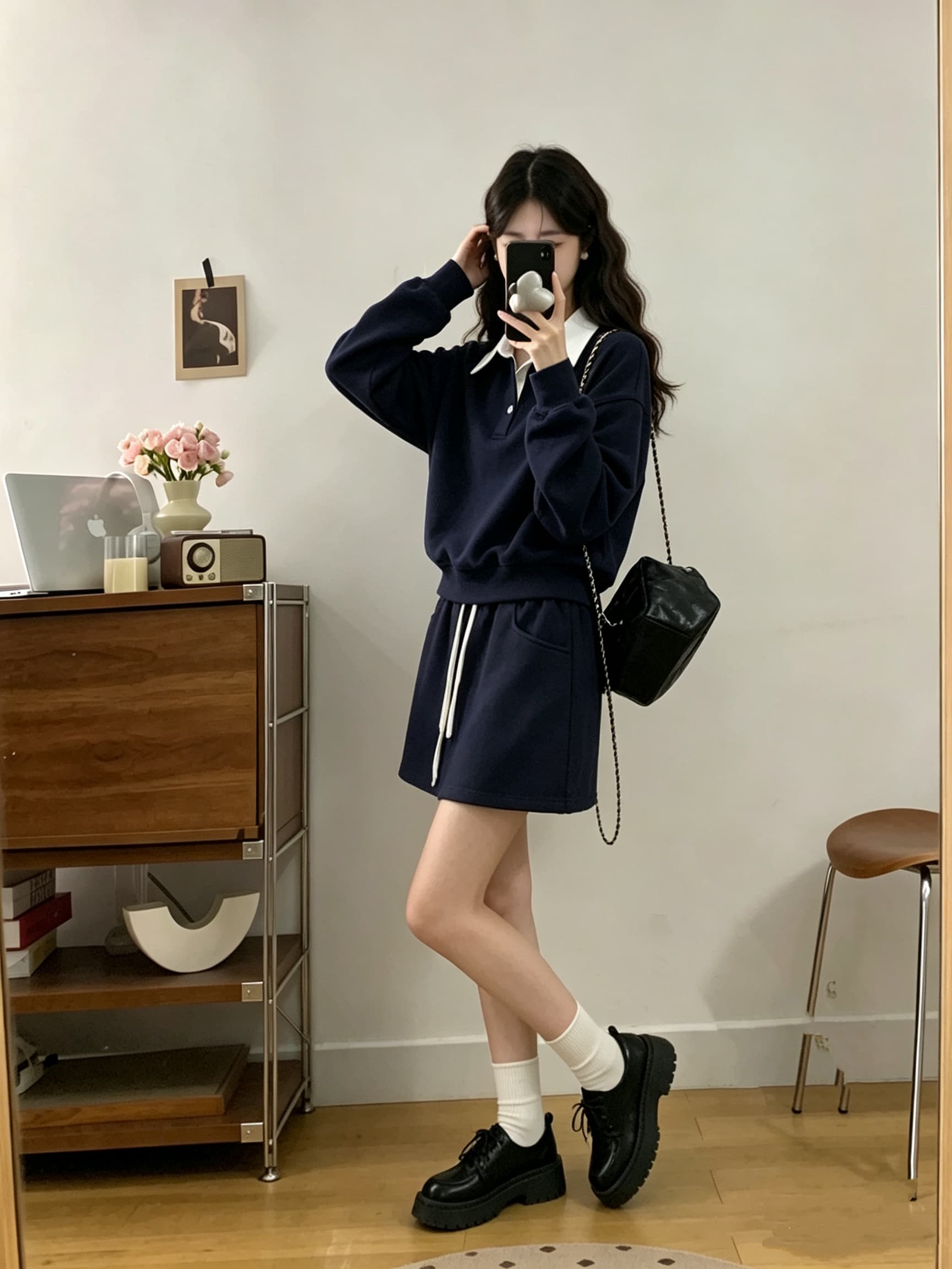 빅 사이즈 대비 너드 한국 스타일 가을의 날 면 학원 스타일 폴로 칼라 패치워크 색상 후드티 배색 펌프 로프 허리 머리 세트 상세 이미지 15