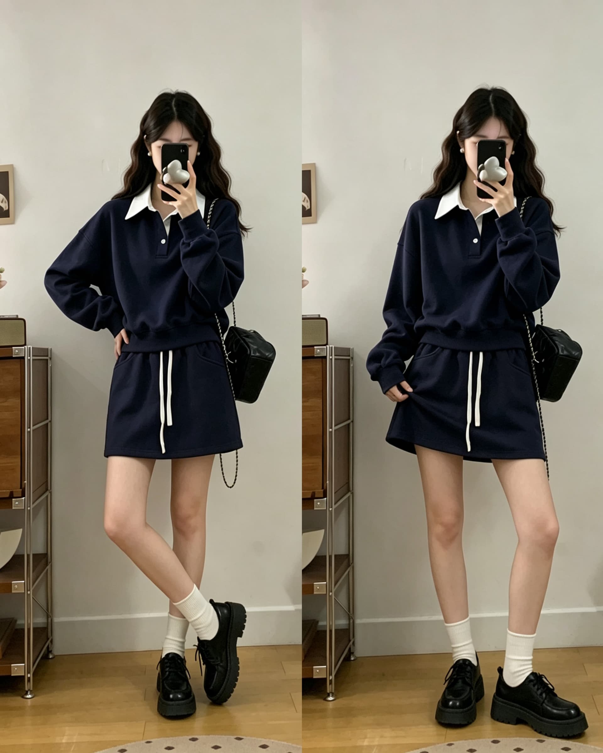 빅 사이즈 대비 너드 한국 스타일 가을의 날 면 학원 스타일 폴로 칼라 패치워크 색상 후드티 배색 펌프 로프 허리 머리 세트