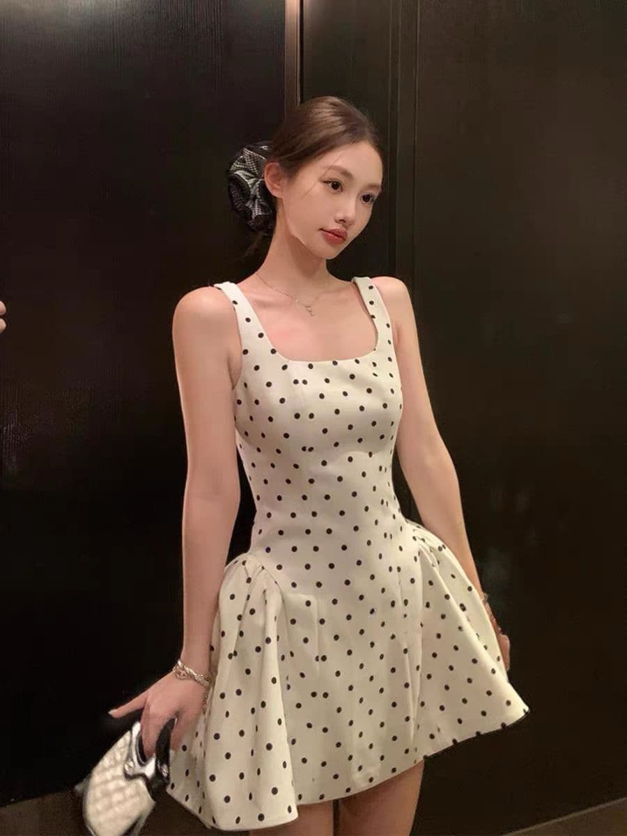 분위기 센스 도트 무늬 스퀘어 입 칼라 슬립 패치워크 여성 드레스 봄 여름 작은 키 허리 수축 슬림해 보이는 퍼프 미니 스커트 이미지 2