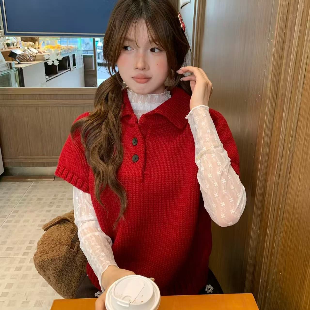 가을 수 있습니다. 스택 착용 베스트 니트 스웨터 두꺼운 바늘 polo 폴로 칼라 반팔 스웨터 여자 베이비 칼라 두꺼운 스타일 니트 스웨터 이미지 2