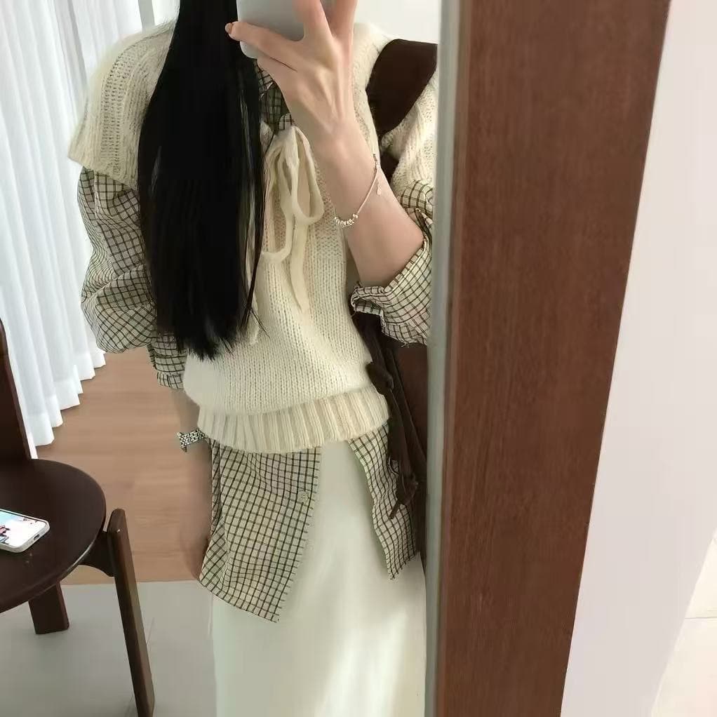 패션 스택 착용 라운드 넥 펌프 로프 레이스업 나비 매듭 풀오버 니트 스웨터 루즈핏 삽입 어깨 소매 쇼트 스타일 니트 이미지 4