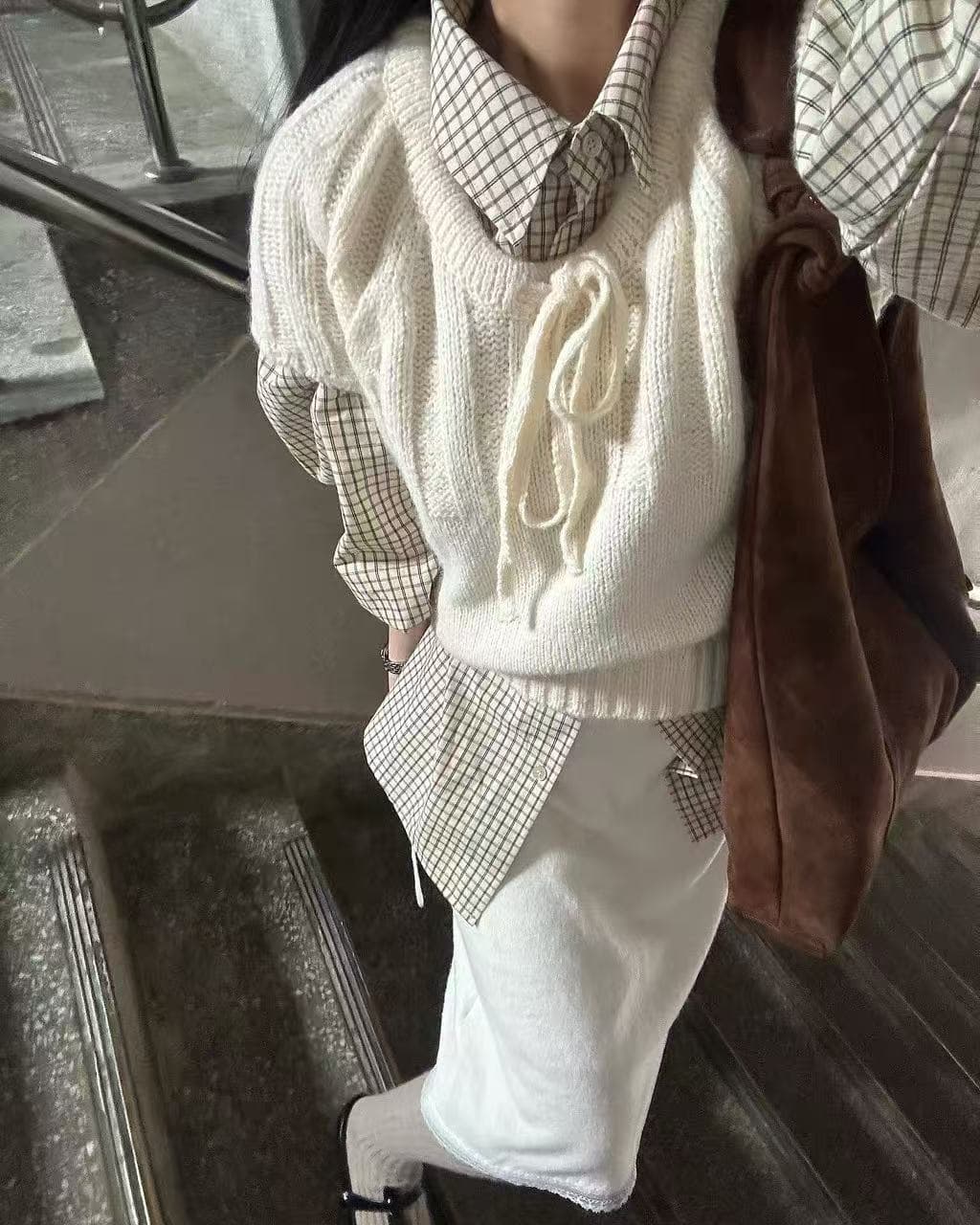 패션 스택 착용 라운드 넥 펌프 로프 레이스업 나비 매듭 풀오버 니트 스웨터 루즈핏 삽입 어깨 소매 쇼트 스타일 니트 상세 이미지 22