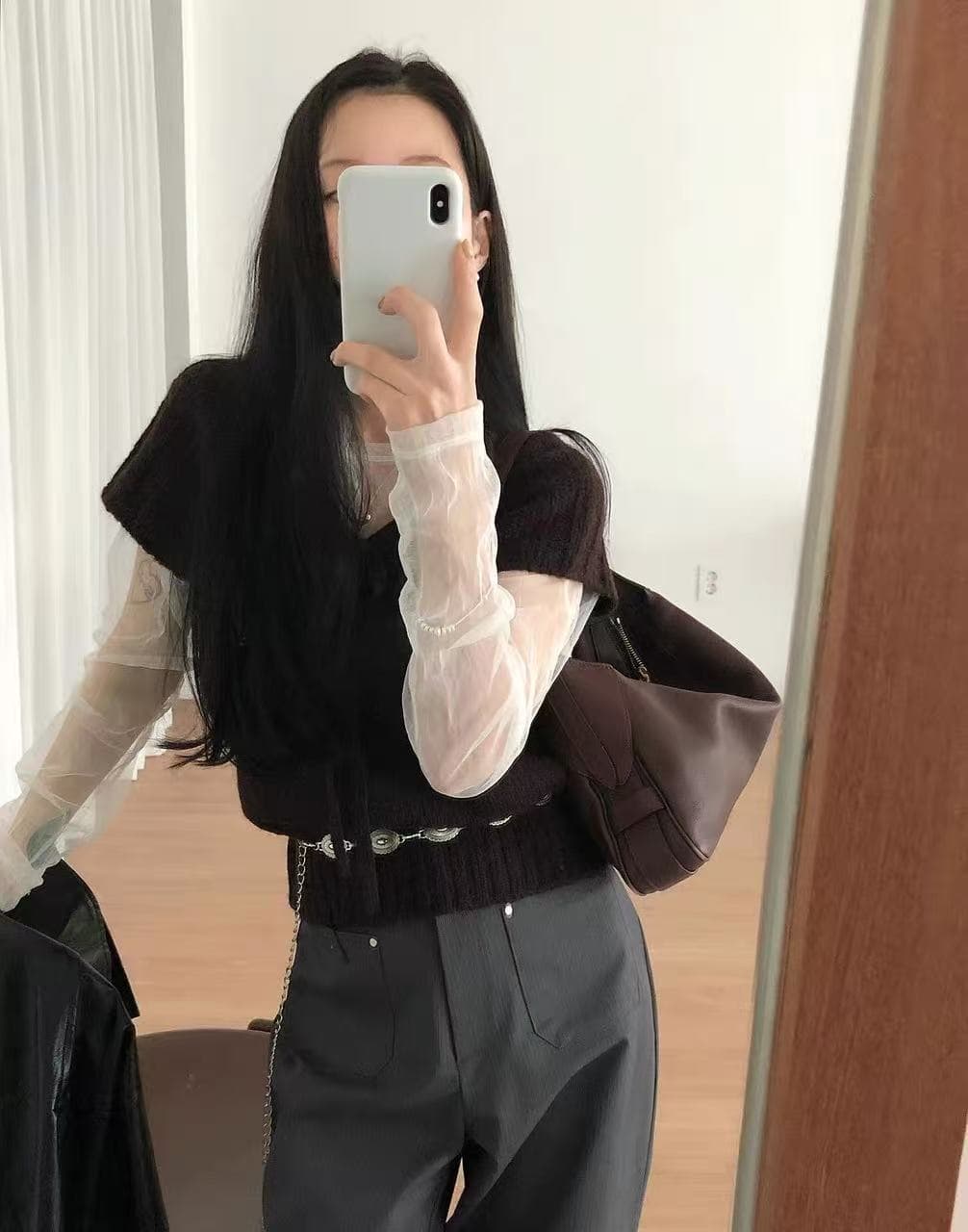 패션 스택 착용 라운드 넥 펌프 로프 레이스업 나비 매듭 풀오버 니트 스웨터 루즈핏 삽입 어깨 소매 쇼트 스타일 니트 상세 이미지 25
