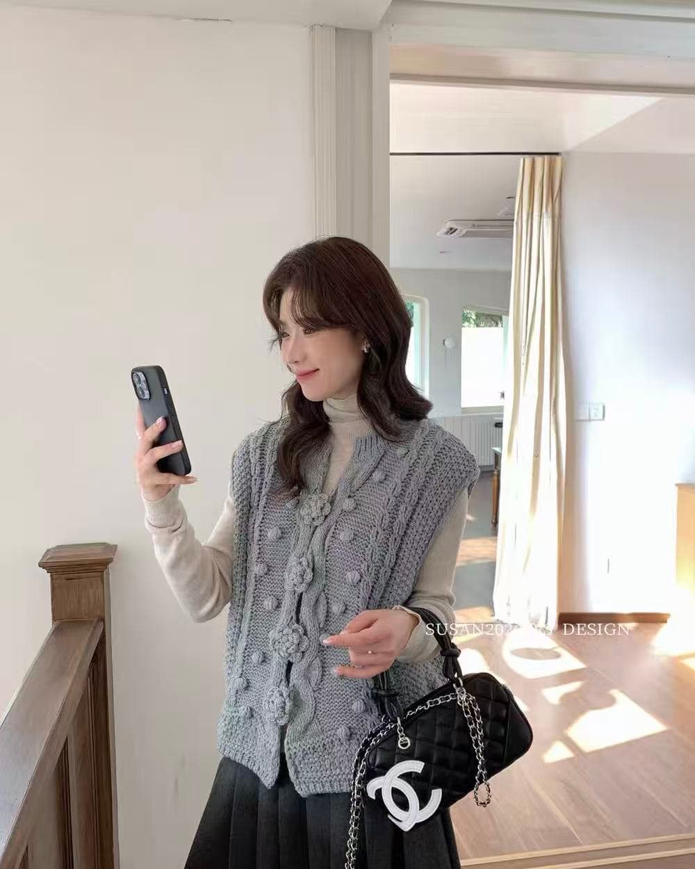 달콤함 무거운 작업 수공 자수 니트 베스트 미니멀리즘 라운드 넥 두꺼운 바늘 스웨터 조끼 스택 착용 다용도 기본 셔츠 상세 이미지 7