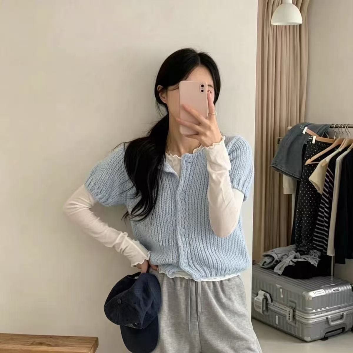 라운드 넥 싱글 줄 버튼 니트 오픈 가디건 수 있습니다. 스택 착용 외부 잡아라. 의류 활력 소녀 달콤함 두꺼운 바늘 반팔 오픈 가디건 스웨터 이미지 4