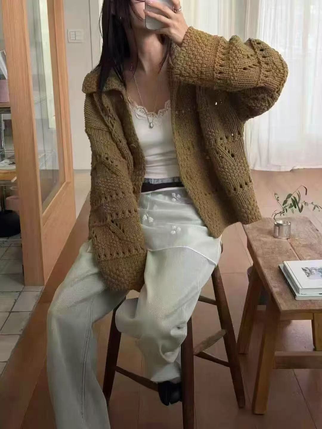 가을 오래된 돈 바람 홀로우 아웃 무거운 작업 스웨터 한 부서 니트 재킷 재킷 두꺼운 선 자수 니트 스웨터 오픈 가디건 이미지 2