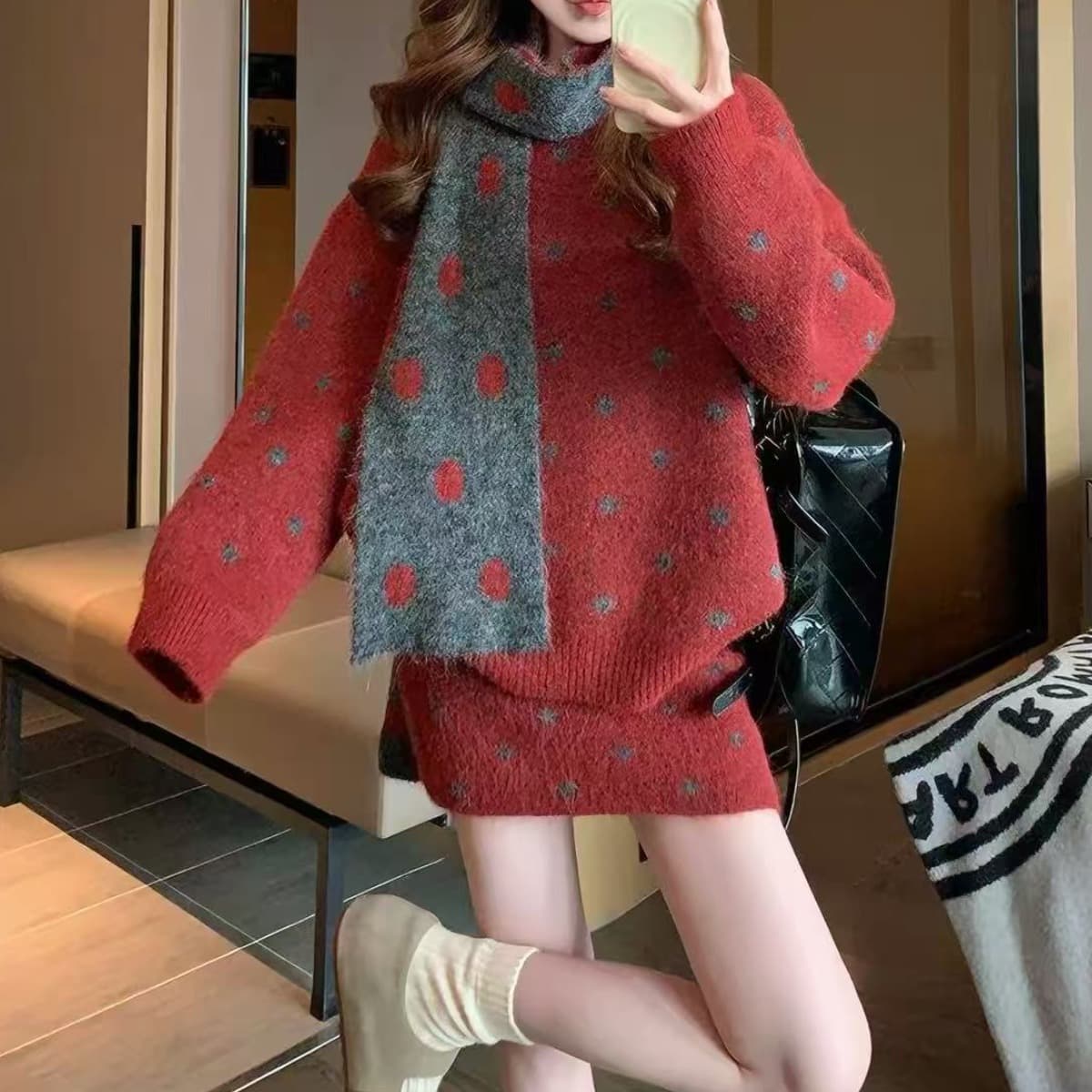 색상 도트 무늬 스웨터 세트 레트로 스택 착용 니트 풀오버 다용도 타이트 스커트 미니 스커트 스카프 3종 세트