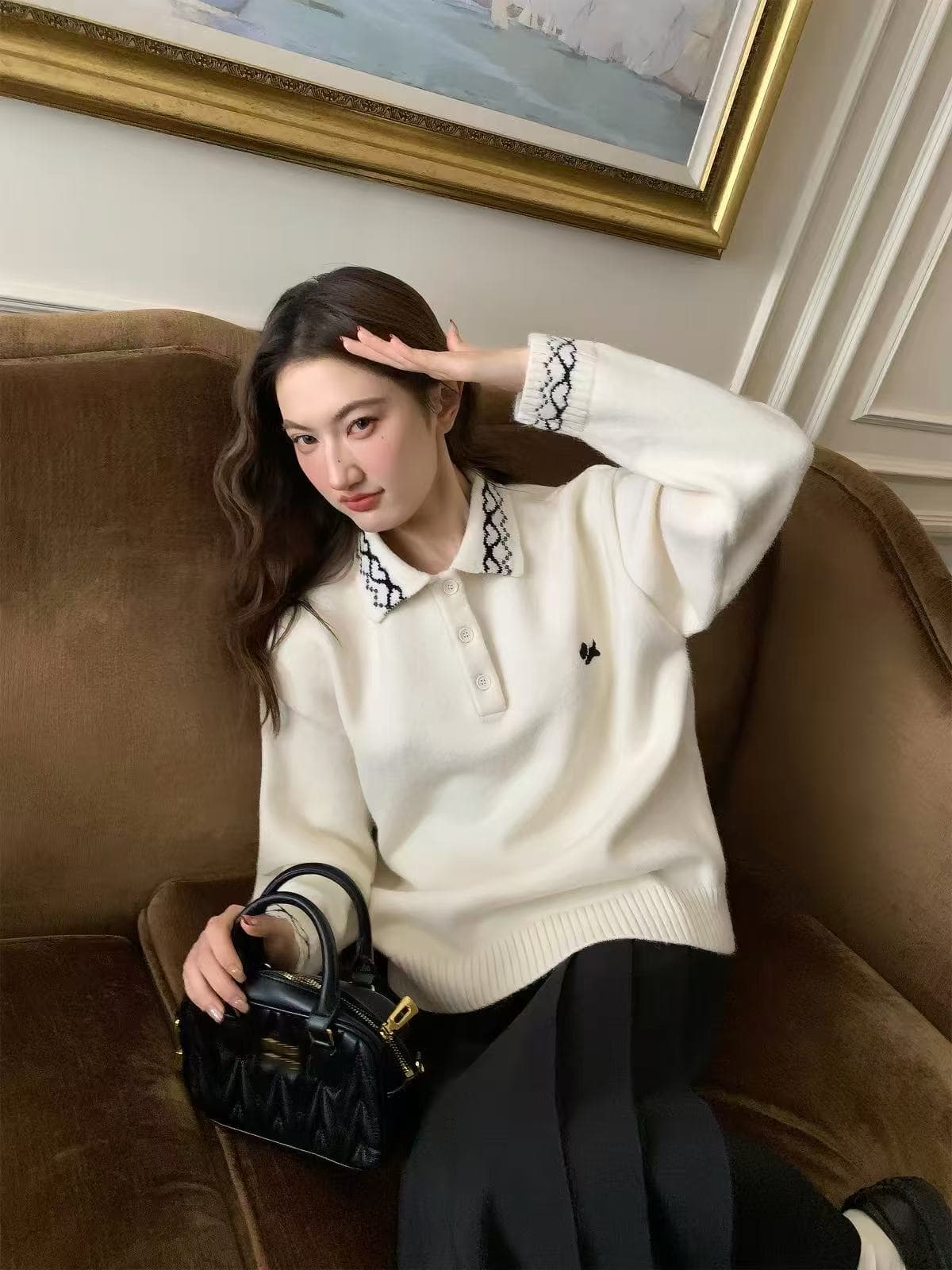 자수 스웨터 하트 자카드 강아지 POLO 칼라 여성 가을 겨울 루즈핏 슬림해 보이는 긴팔 니트 맨위 여성 상세 이미지 2