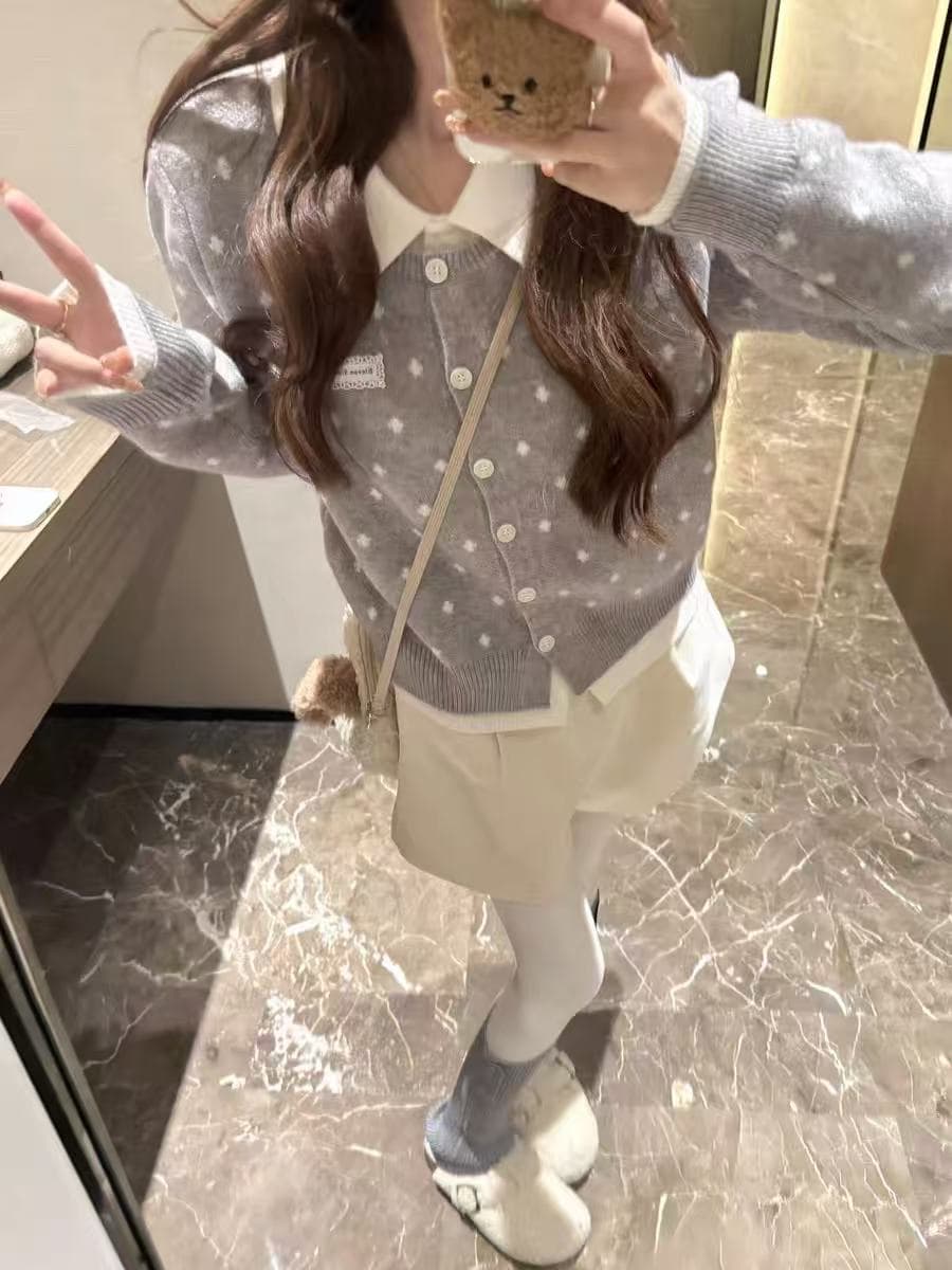 POLO 칼라 페이크 레이어드 스웨터 긴팔 카디건 코트 기본 셔츠 가을 겨울 몸매 가꾸기 슬림해 보이는 긍정적 인 어깨 니트 오픈 가디건 상세 이미지 4