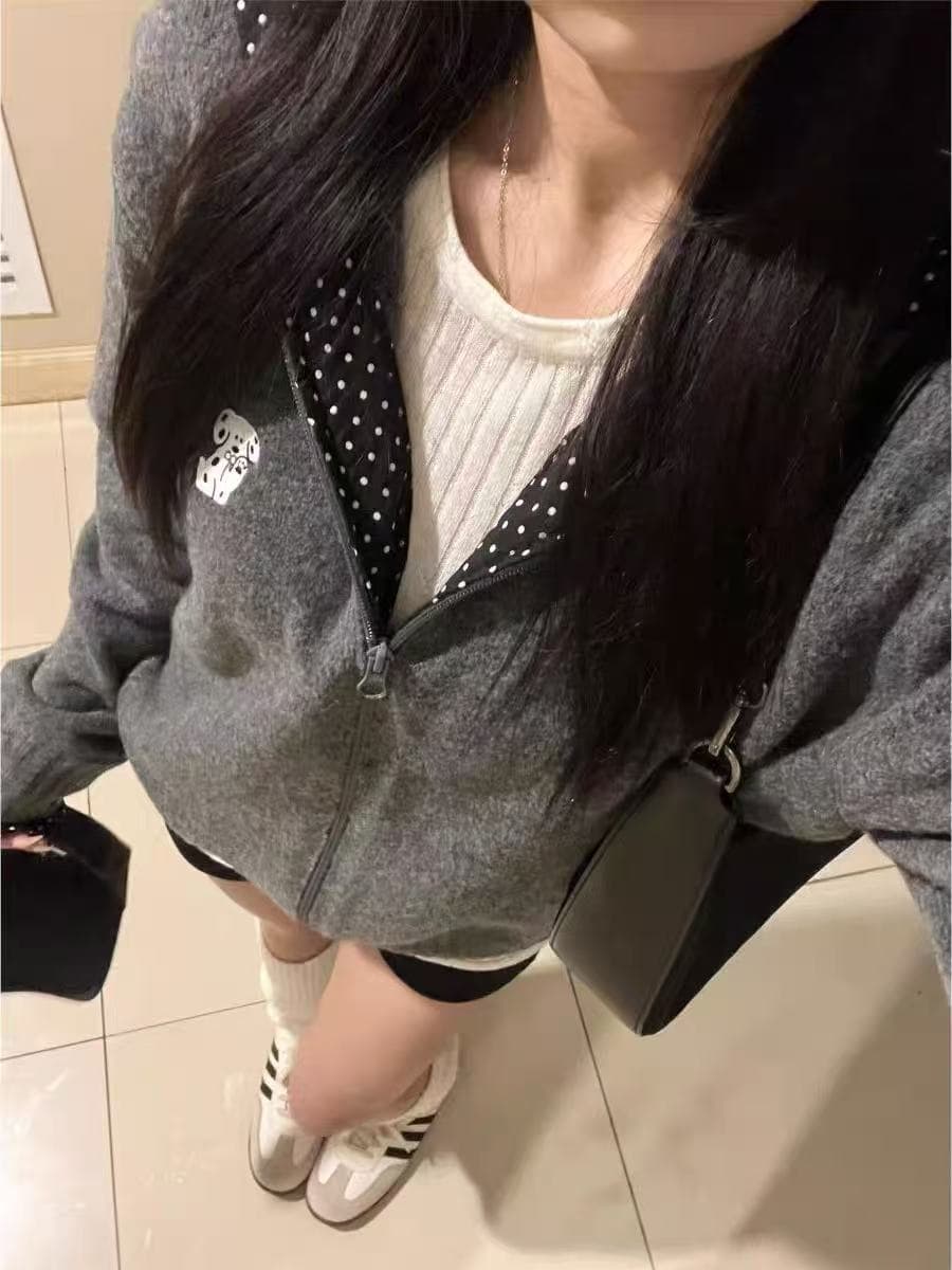 배색 회색 패치워크 도트 무늬 후드 지퍼 니트 긴 소매 오픈 가디건 여성 몸매 가꾸기 슬림해 보이는 느긋한 재킷 맨위 상세 이미지 5