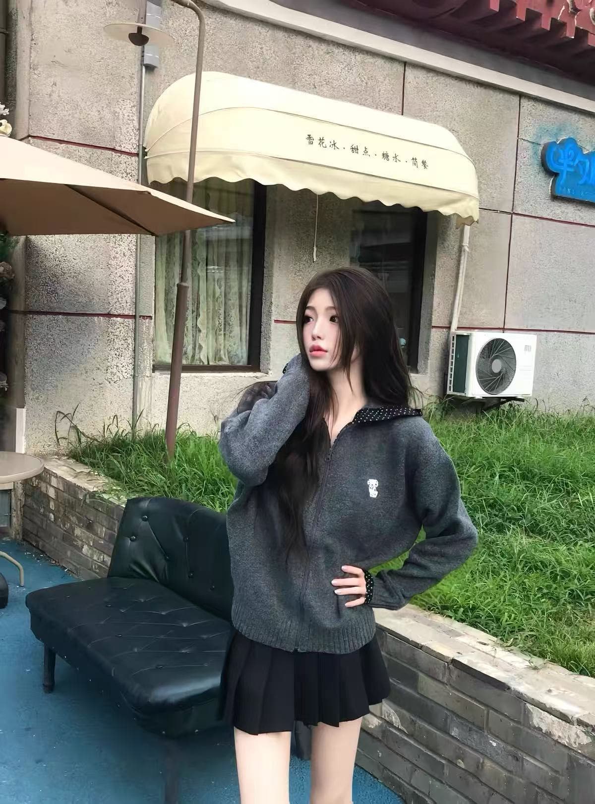 배색 회색 패치워크 도트 무늬 후드 지퍼 니트 긴 소매 오픈 가디건 여성 몸매 가꾸기 슬림해 보이는 느긋한 재킷 맨위 상세 이미지 6