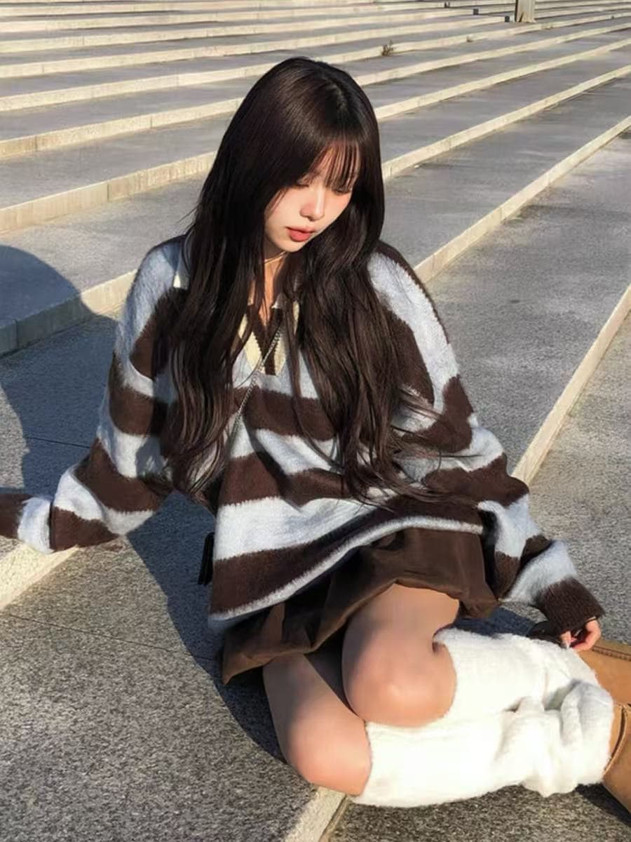 학원 스타일 와이드 스트라이프 폴로 칼라 루즈핏 니트 스웨터 스웨터 해마 플리스 POLO 칼라 풀오버 니트 스웨터 맨위 상세 이미지 5