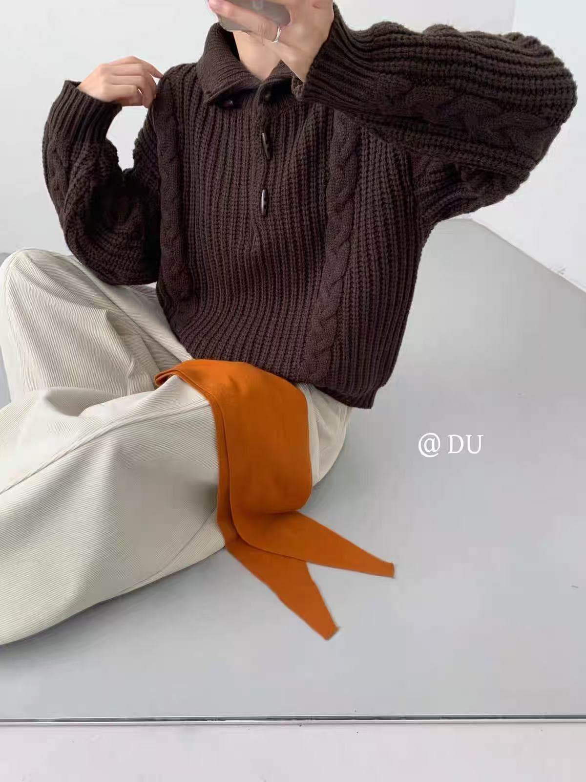 소뿔 버클 스웨터 가을 겨울 느긋한 바람 루즈핏 꽈배기 터틀넥 풀오버 니트 스웨터 꽈배기 니트 스웨터 스탠드 칼라 상세 이미지 6