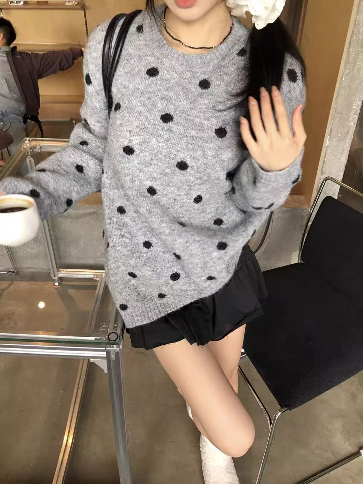 레트로 두꺼운 라운드 넥 도트 무늬 니트 스웨터 여자 가을 겨울 루즈핏 달콤함 캐주얼 다용도 니트 스웨터 셔츠 여성