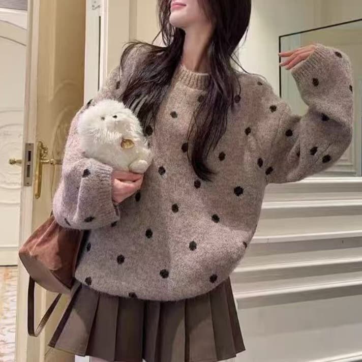 레트로 두꺼운 라운드 넥 도트 무늬 니트 스웨터 여자 가을 겨울 루즈핏 달콤함 캐주얼 다용도 니트 스웨터 셔츠 여성 이미지 4
