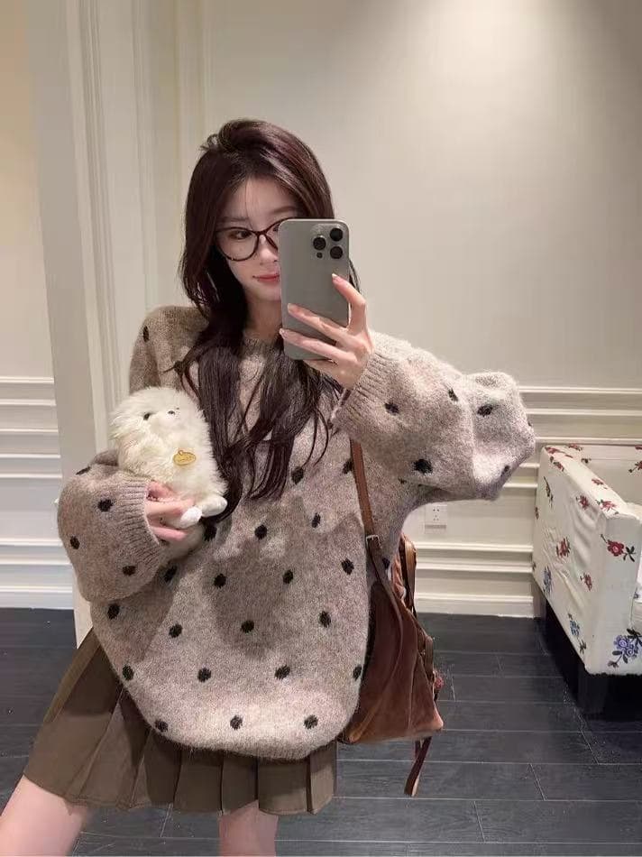 레트로 두꺼운 라운드 넥 도트 무늬 니트 스웨터 여자 가을 겨울 루즈핏 달콤함 캐주얼 다용도 니트 스웨터 셔츠 여성 상세 이미지 6