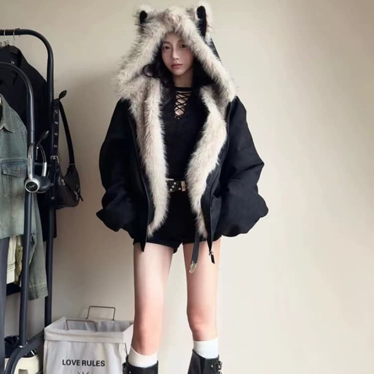 좌 산 조각 털이 많은 모피 칼라 면 의류 재킷 남녀 털이 있고 두꺼운 재킷 아메리칸 cleanfit 겨울 면 옷 이미지 5