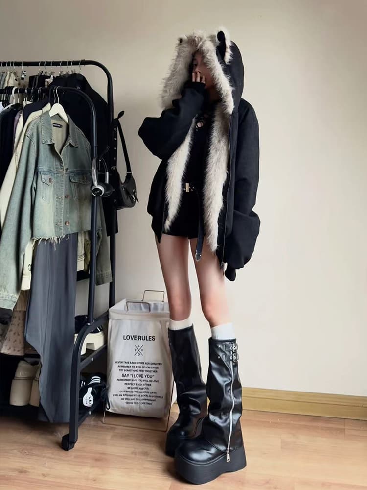 좌 산 조각 털이 많은 모피 칼라 면 의류 재킷 남녀 털이 있고 두꺼운 재킷 아메리칸 cleanfit 겨울 면 옷 상세 이미지 3