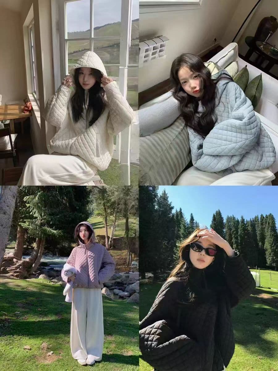 장 베이 베이 얇고 가벼운 버블 푸 링 그리드 후드 면 의류 루즈핏 슬림해 보이는 보온 한 부서 ins 바람 학생 면 옷 재킷 상세 이미지 15