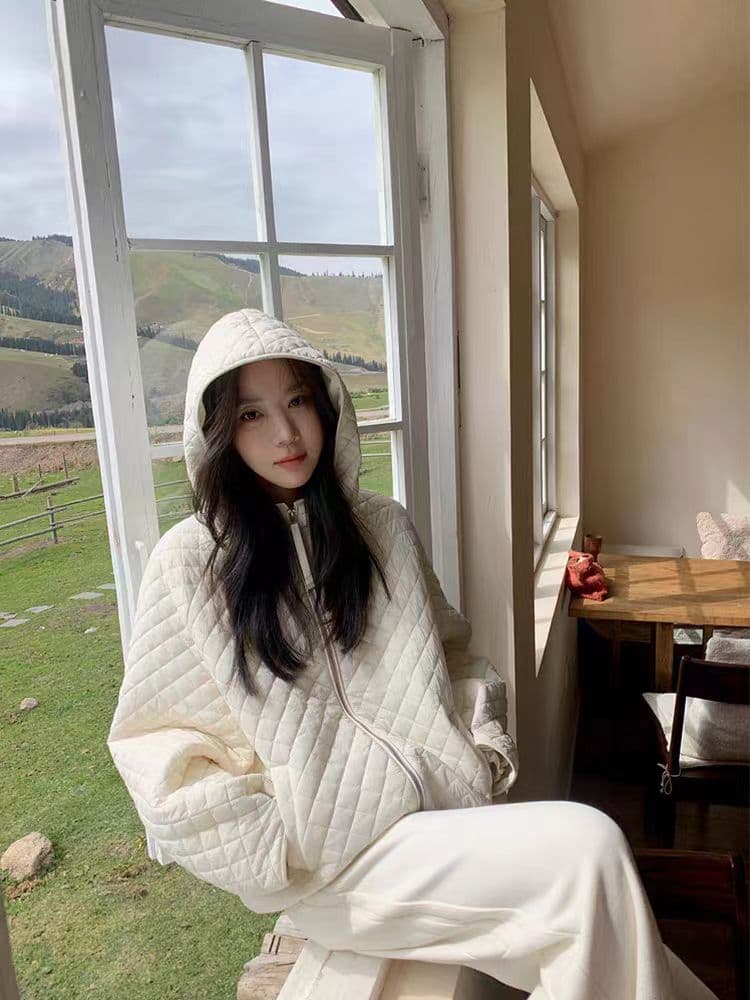 장 베이 베이 얇고 가벼운 버블 푸 링 그리드 후드 면 의류 루즈핏 슬림해 보이는 보온 한 부서 ins 바람 학생 면 옷 재킷 상세 이미지 24