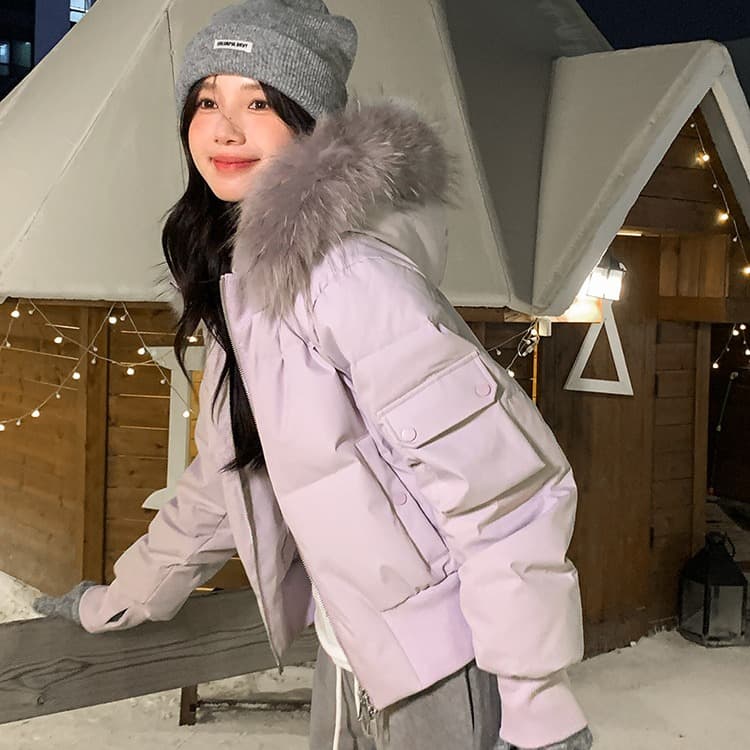 작은 마을 산산 눈 반사하다 阑珊 시뮬레이션 전갈 모피 칼라 면 의류 여성 겨울 방풍 쇼트 스타일 후드 작은 키 재킷 이미지 2