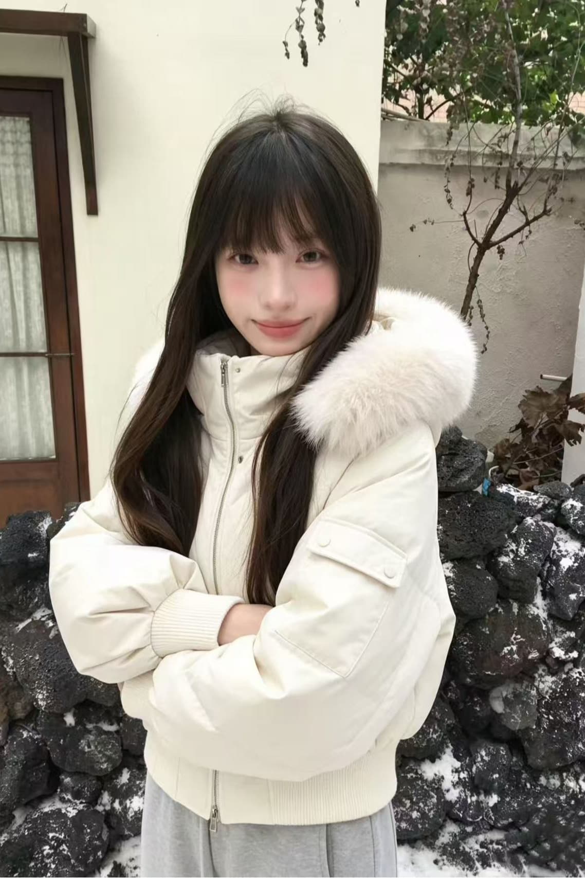 작은 마을 산산 눈 반사하다 阑珊 시뮬레이션 전갈 모피 칼라 면 의류 여성 겨울 방풍 쇼트 스타일 후드 작은 키 재킷 이미지 7