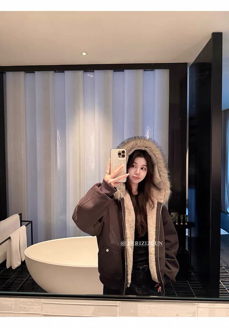 모피 칼라 좌 산 조각 재킷 면 의류 남녀 루즈핏 아메리칸 워크웨어 2026 새로운 재킷 털이 있는 겨울 보온 상세 이미지 8